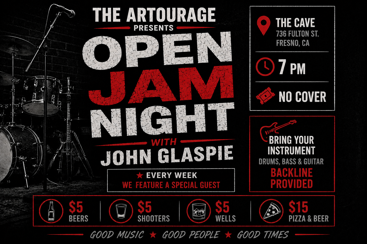 A promotional poster for a weekly open jam night at The Cave in Fresno, California, hosted by The Artourage with John Glaspie, featuring live music equipment, drink specials, and a suggestion to bring instruments.