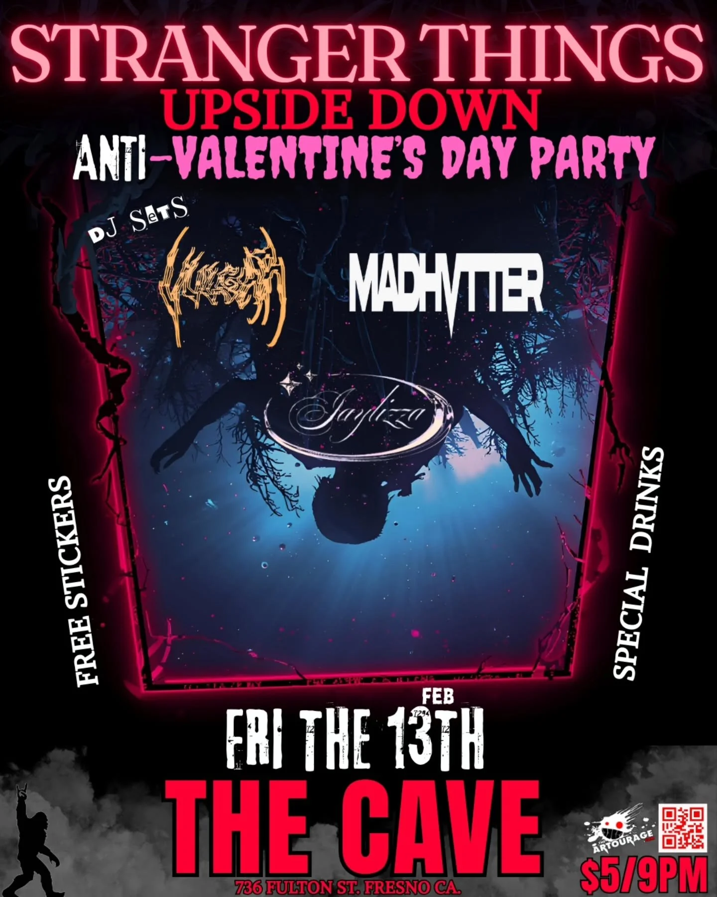 👾 Hawkins is closed.  The Upside Down is LIVE.
Stranger Things Anti-Valentine&rsquo;s Party
DJs &bull; Food &bull; Special Drinks &bull; Free Stickers
FRI THE 13TH at @thecavefresno 
@itzvulgar @jaylizza3 @madhvtter 

#TheCave #TheArtourage #Strange