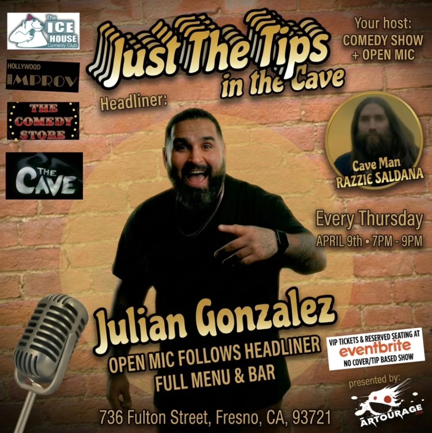 Just The Tips is going DOWN in the cave 😈🎤
We got @eljuliangonzalez headlining and it&rsquo;s about to get wild&hellip;

Comedy show ➡️ Open mic ➡️ Late night chaos
Full bar. Full menu. Full vibes.
Every Thursday | Fresno
No cover - Pull up!

#TheA