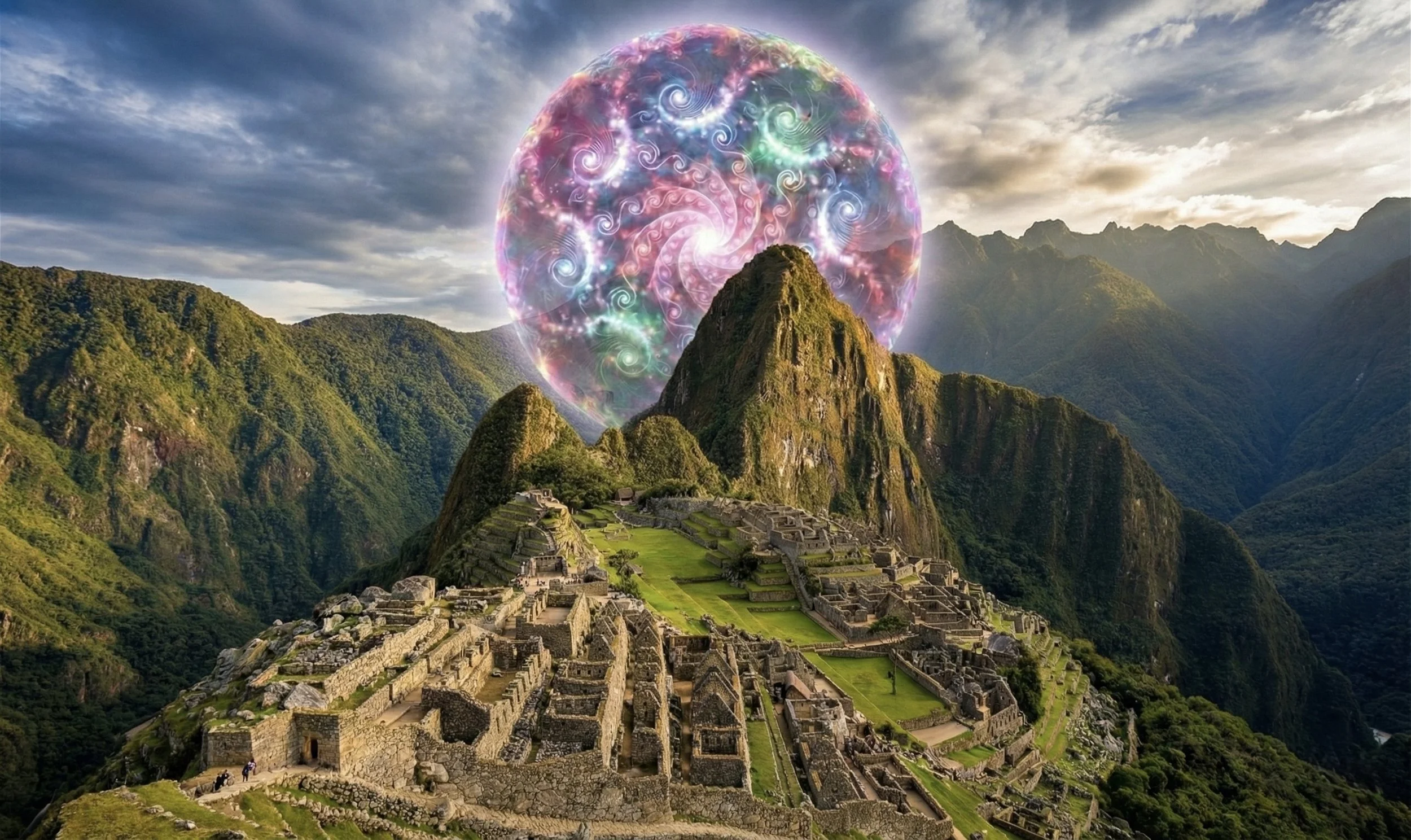 Ancient Incan city of Machu Picchu set high in the Andes Mountains, with a digitally created, colorful spiral pattern in the sky.