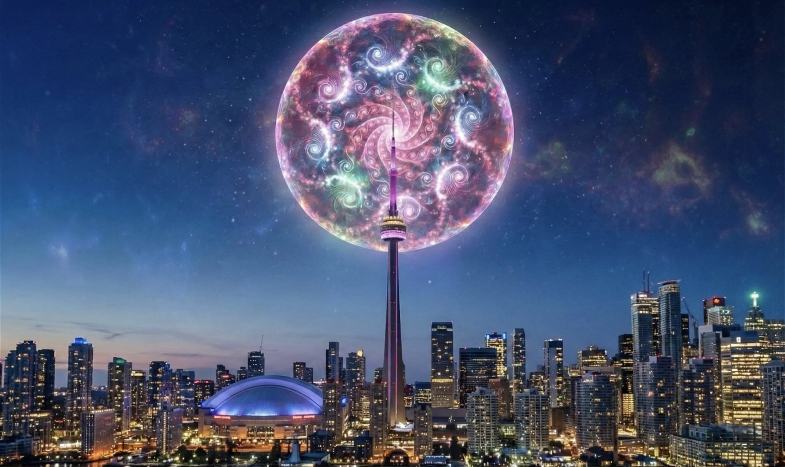A city skyline at dusk with illuminated buildings and a tall tower in the center, topped by a large, colorful, futuristic sphere emitting swirling patterns and lights, with a starry sky in the background.
