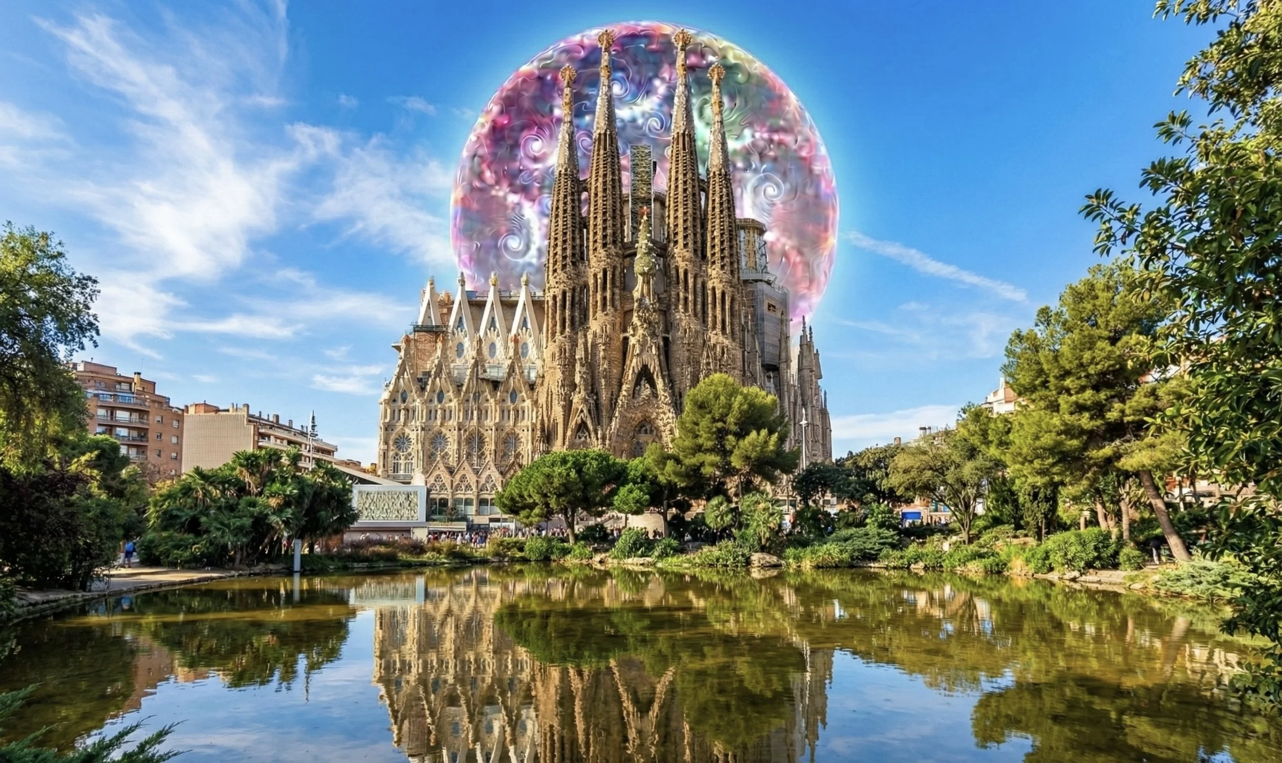 Sagrada Familia cathedral with a colorful large floating bubble in the background, surrounded by trees and a park with a pond reflecting the scene.
