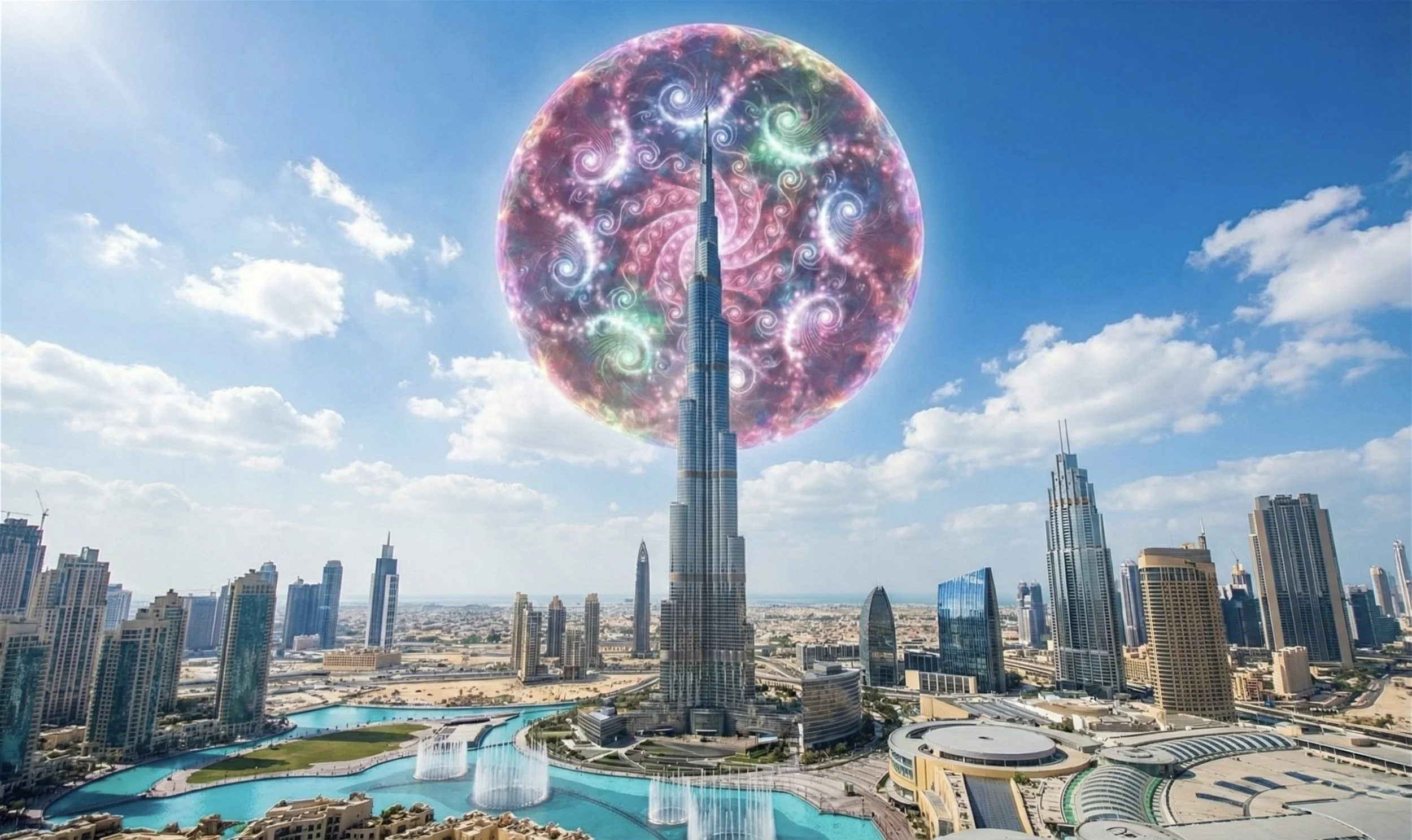 Skyscraper in downtown Dubai with a large, colorful, swirling, psychedelic sphere behind it, set against a blue sky with scattered clouds.