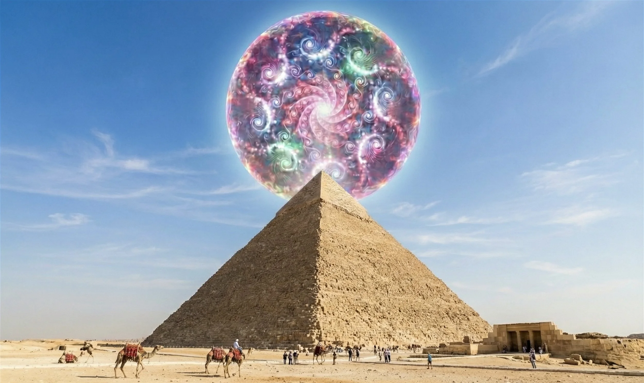 The Great Pyramid of Giza with a large, colorful, swirling, galaxy-like sphere above it, set against a blue sky with scattered clouds. People and camels are visible at the pyramid's base.