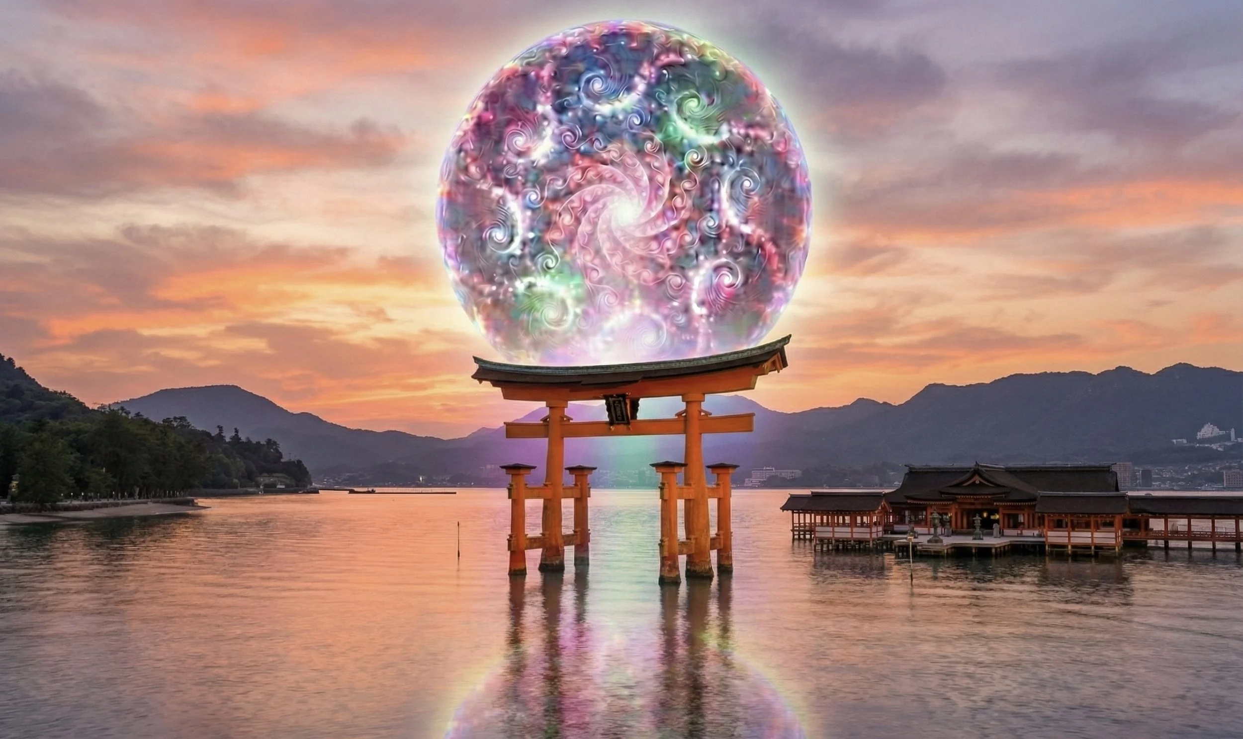 A large, colorful, swirling orb floating above a shrine on the water during sunset, with mountains in the background.
