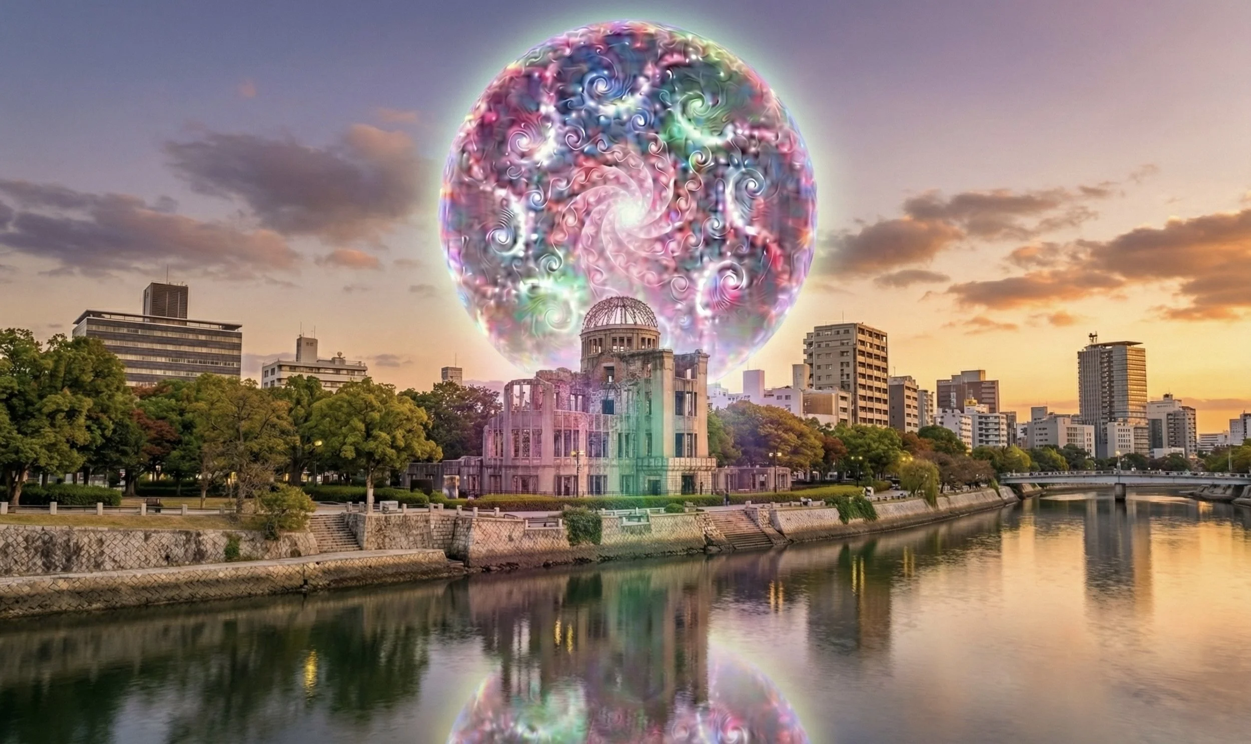 Sunset over a city skyline with a river in the foreground. A large, colorful, swirling, psychedelic orb hovers above the historic building with a dome, creating a surreal effect.