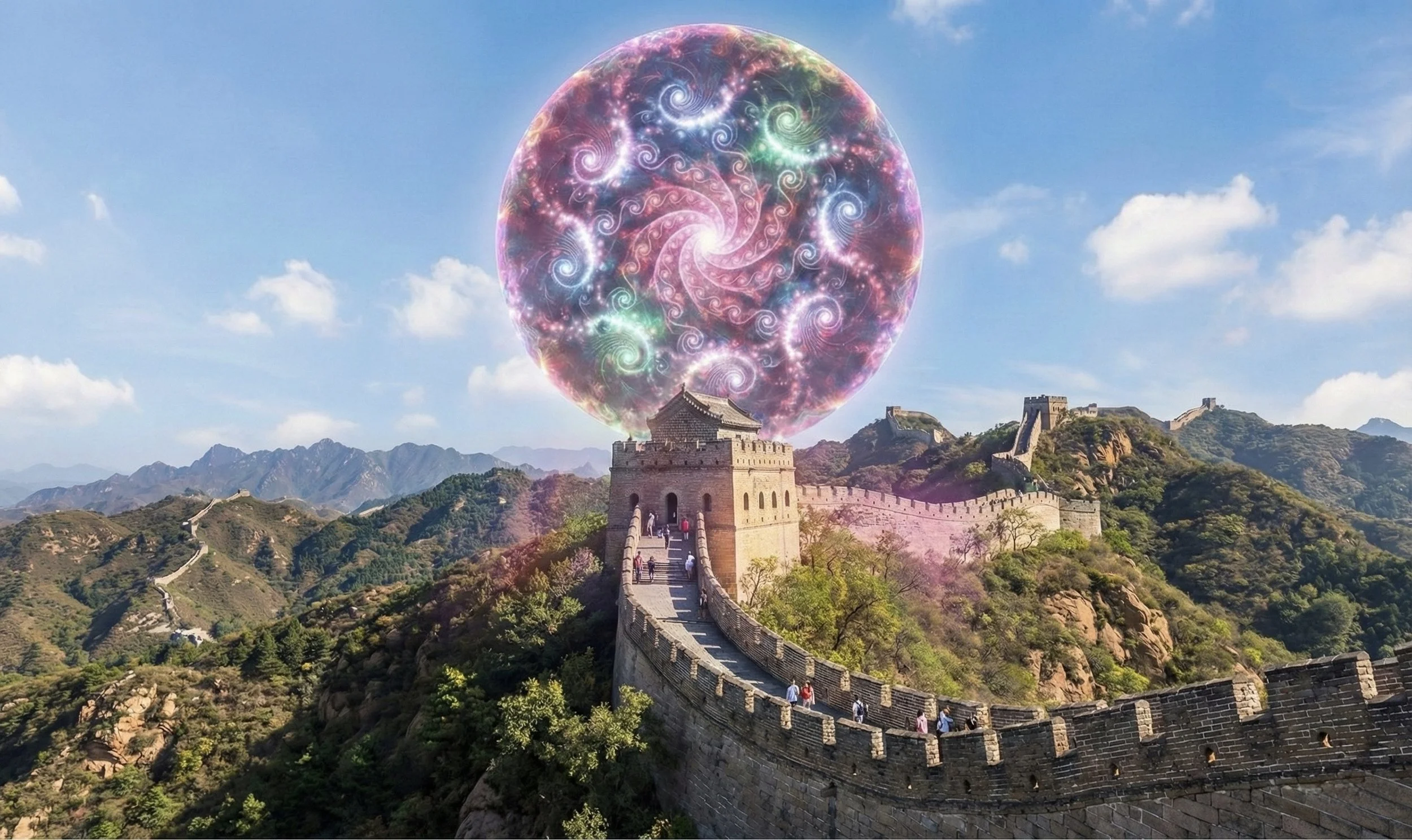 The Great Wall of China stretches across mountainous terrain with a small watchtower in the foreground. The sky is clear with some clouds, and a large, colorful swirling galaxy appears above the wall.
