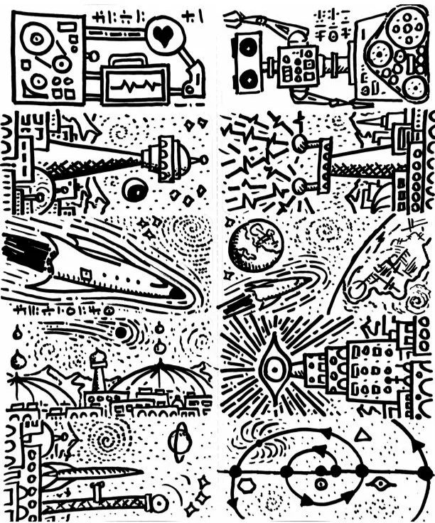 Black and white abstract space-themed illustration featuring planets, stars, rockets, a UFO, and cosmic patterns with various geometric and mechanical elements.