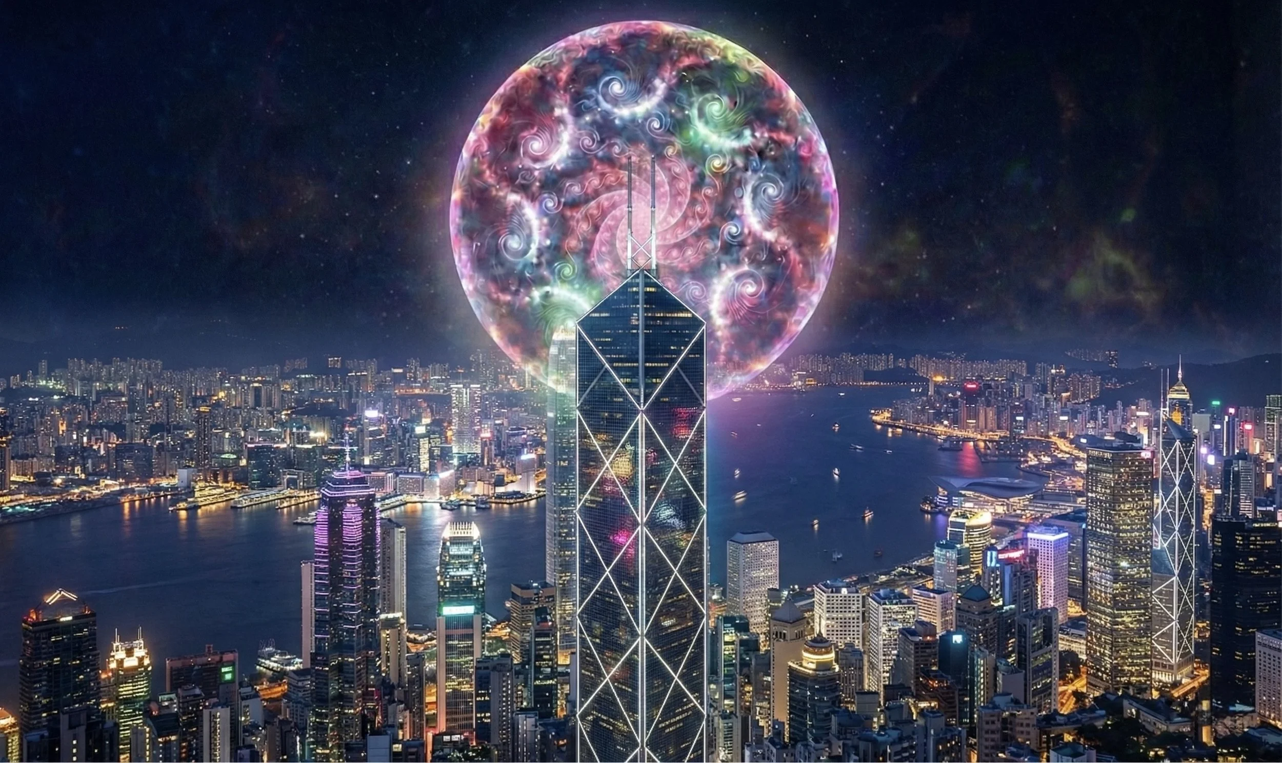Night cityscape of Hong Kong with skyscrapers, river, and vibrant buildings, overlaid with colorful swirling digital and cosmic patterns in a large circular shape.