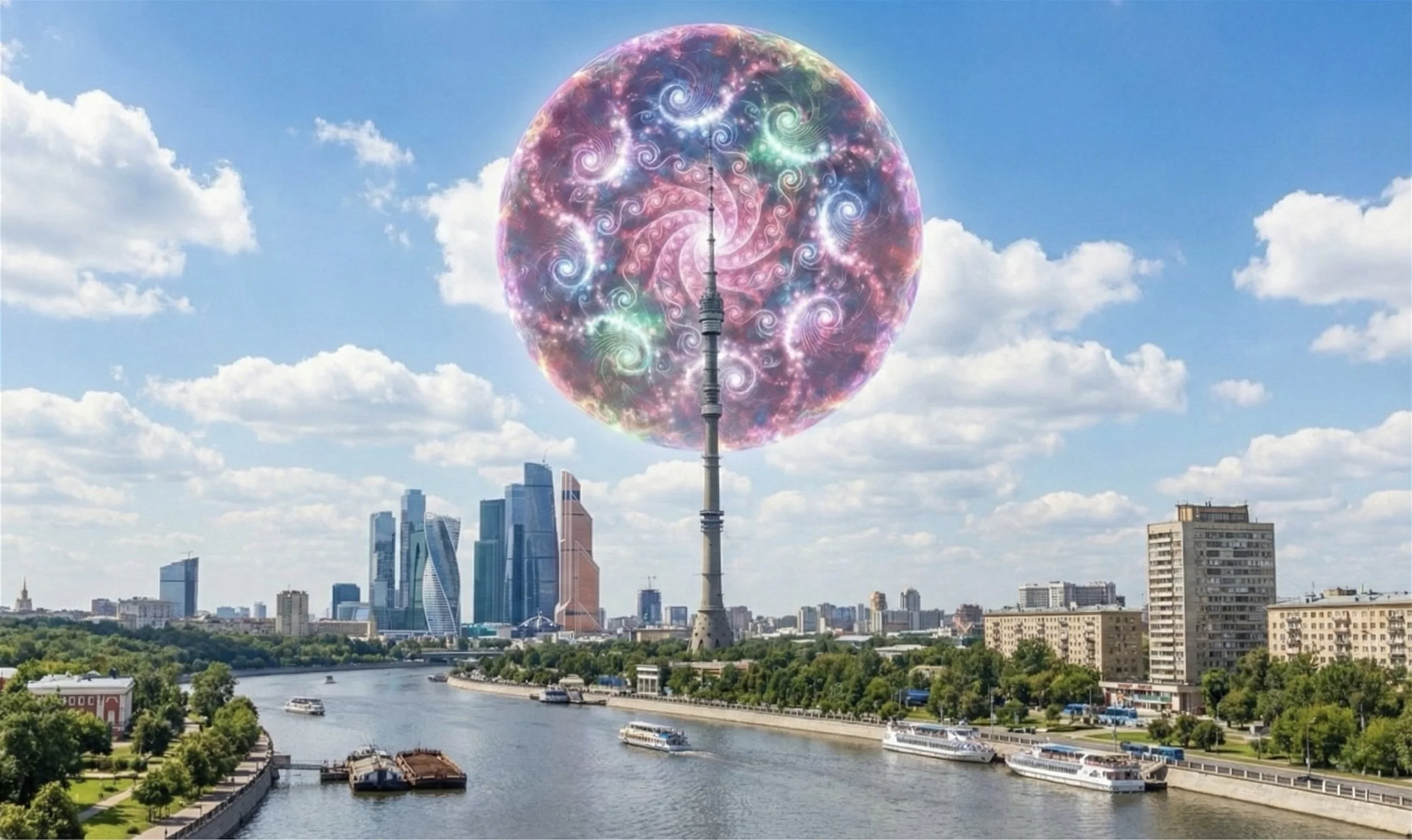 A city skyline with a river in the foreground and modern skyscrapers, with a tall tower supporting a large, colorful, spiral-patterned, semi-transparent globe-shaped structure in the sky.