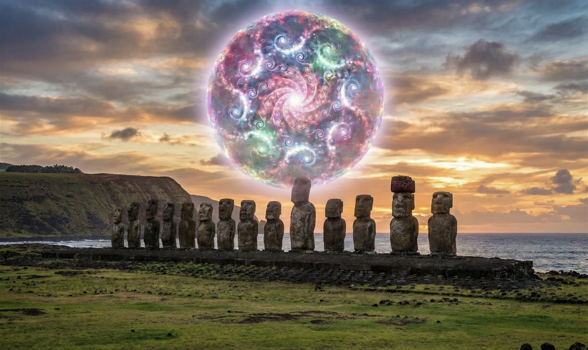 A digitally enhanced image showing Moai statues on Easter Island with a large, colorful, swirling galaxy above them, against a backdrop of a sunset sky over the ocean and distant cliffs.