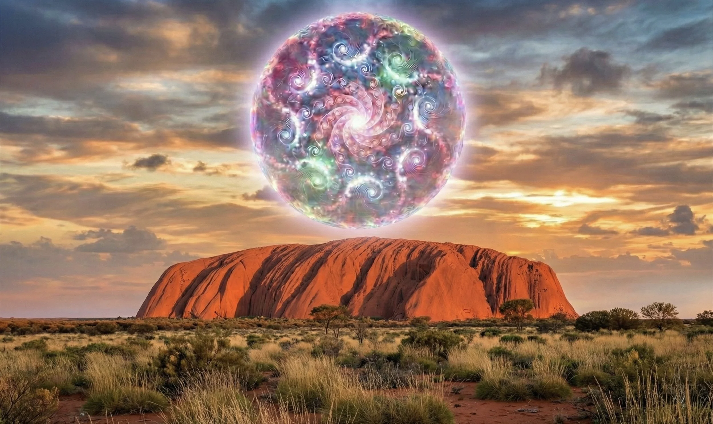 A large, colorful, digitally-created swirling sphere floating above a desert landscape with red-rock formations and a cloudy sunset sky.