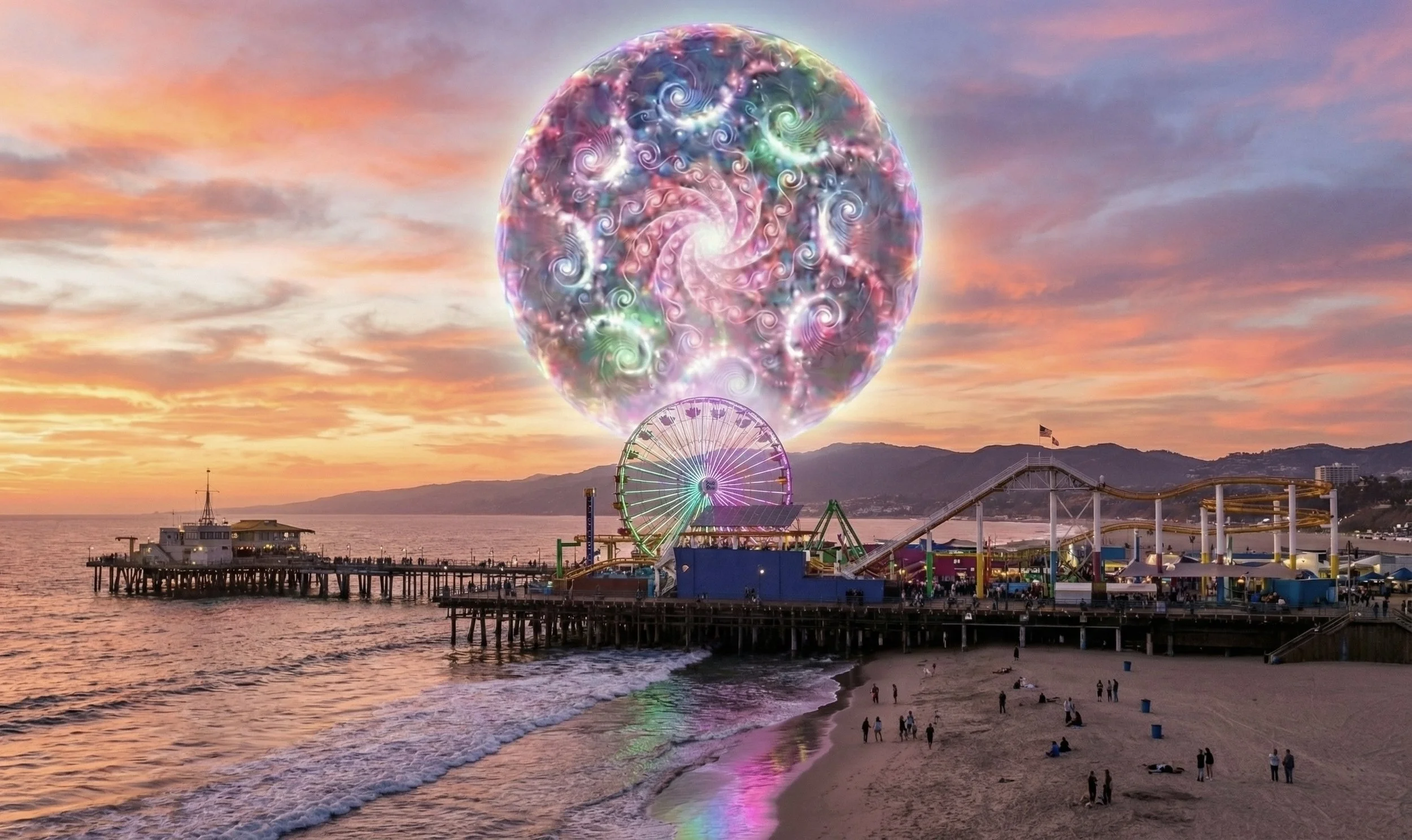 A colorful amusement park ride over a sunset-lit beach with a pier and people walking along the shoreline.