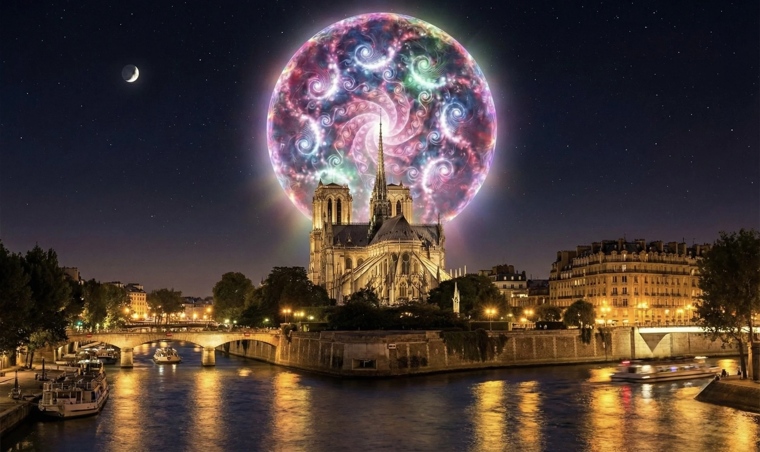 Nighttime view of Notre Dame Cathedral in Paris with a colorful, swirling, abstract light display above it, a crescent moon in the sky, and reflections on the river below.