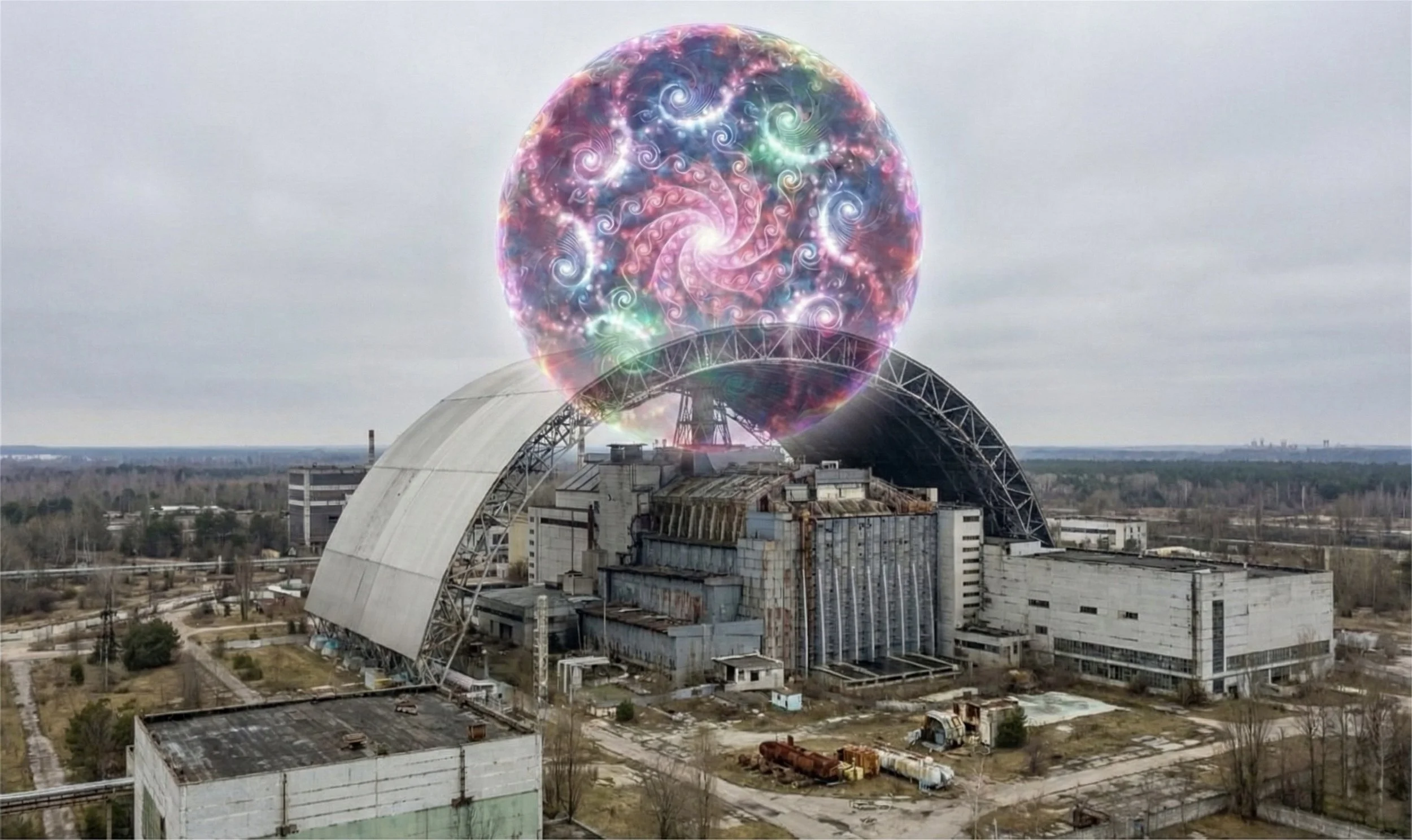 An industrial building with a large, dome-shaped roof and a bright, colorful, swirling galaxy emanating from the top of the structure in the sky.