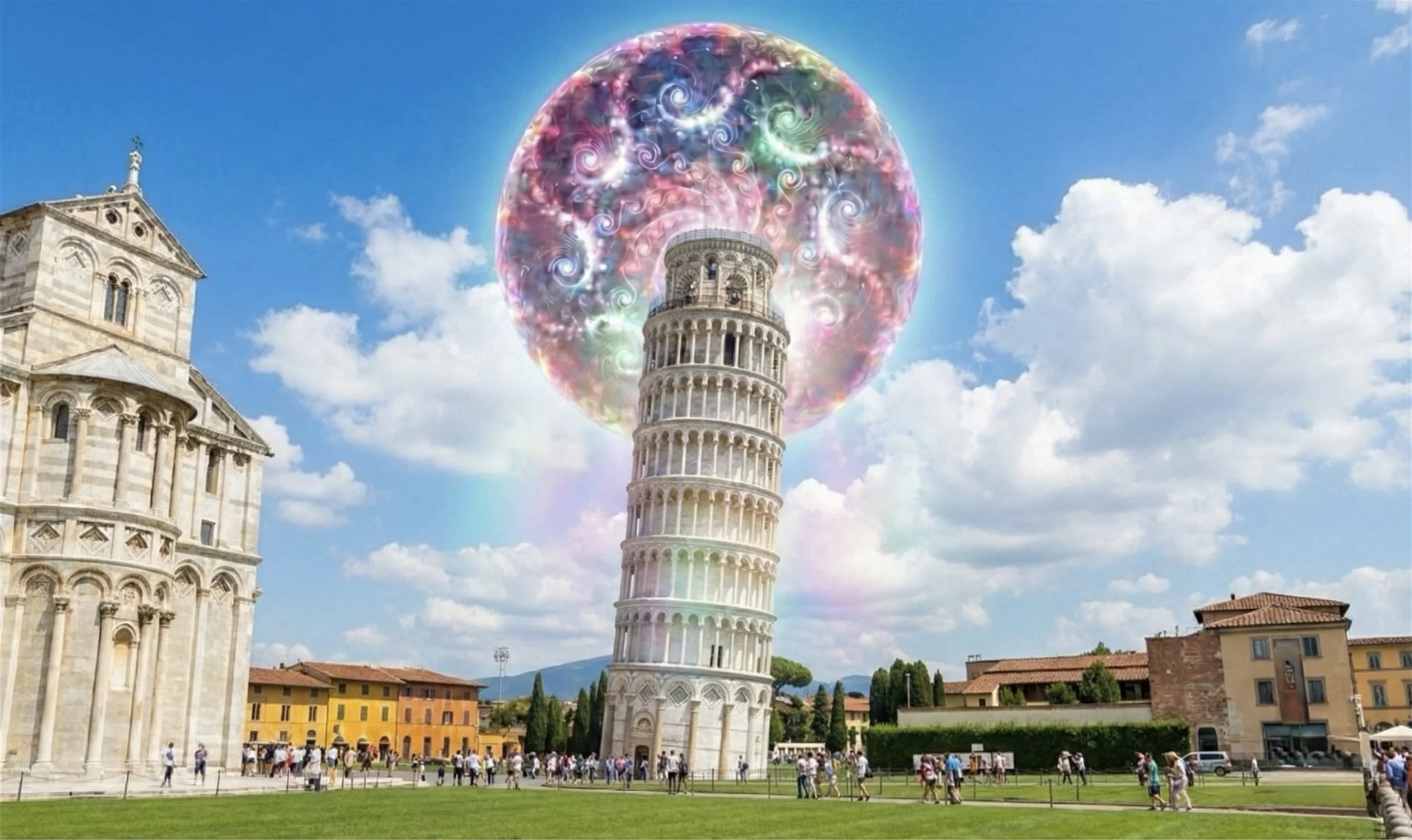 The Leaning Tower of Pisa with a colorful, swirling, magical orb floating above it on a partly cloudy day, with tourists and buildings in the background.