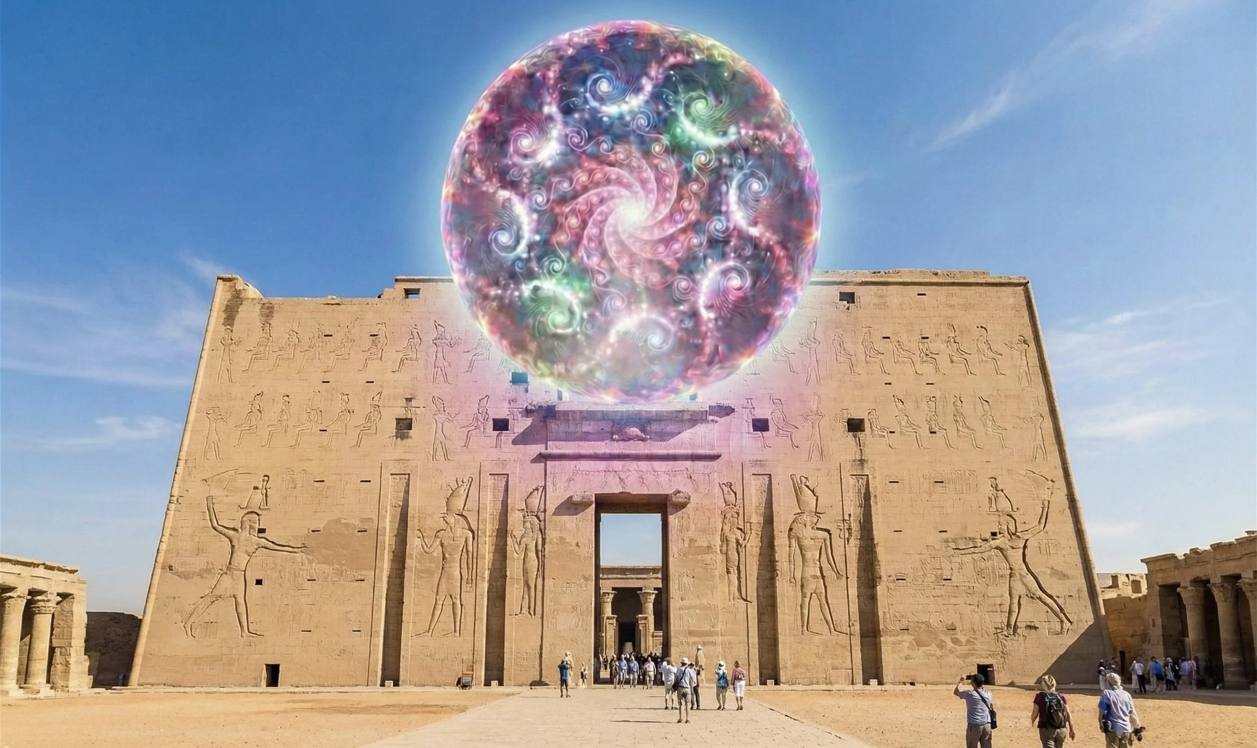 The image shows the ancient Egyptian temple of Karnak with a large, swirling, colorful, cosmic sphere floating above it in the clear blue sky. Visitors are walking around the temple base.