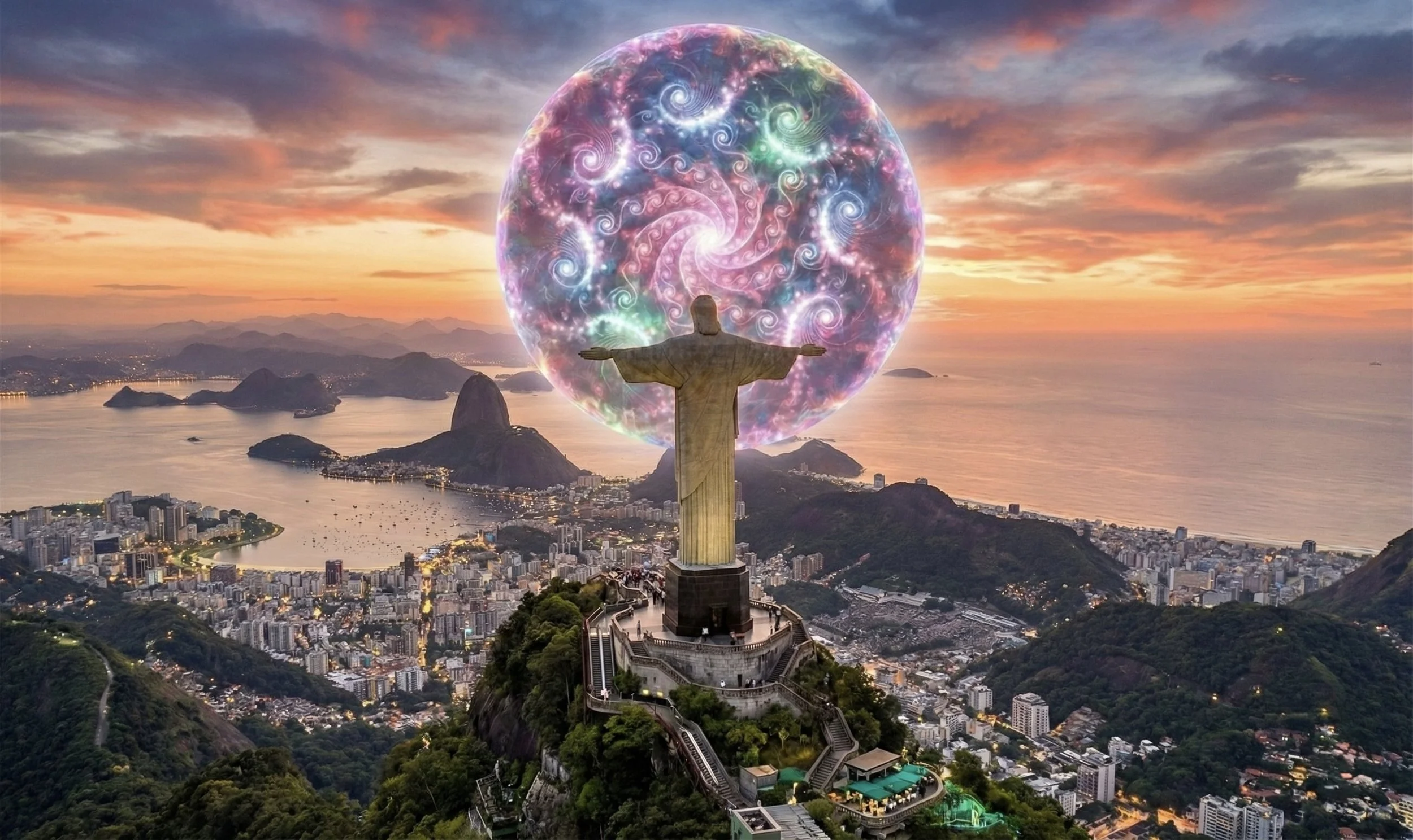 A view of Rio de Janeiro at sunset with the Christ the Redeemer statue in the foreground. A glowing, colorful, swirling sphere hovers above the city and the statue.