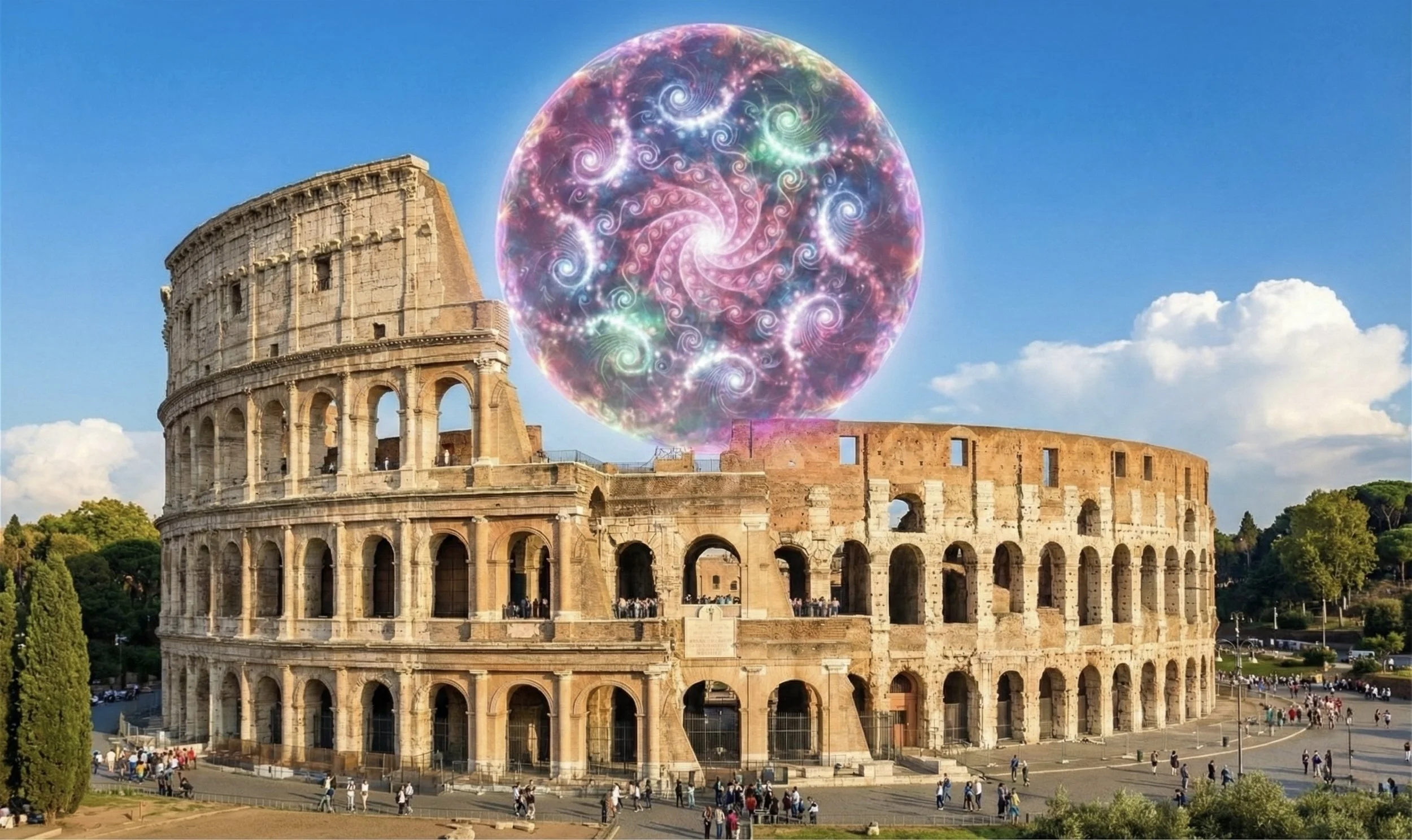 The Roman Colosseum with a digitally added colorful, swirling, glowing, and transparent sphere floating above it.