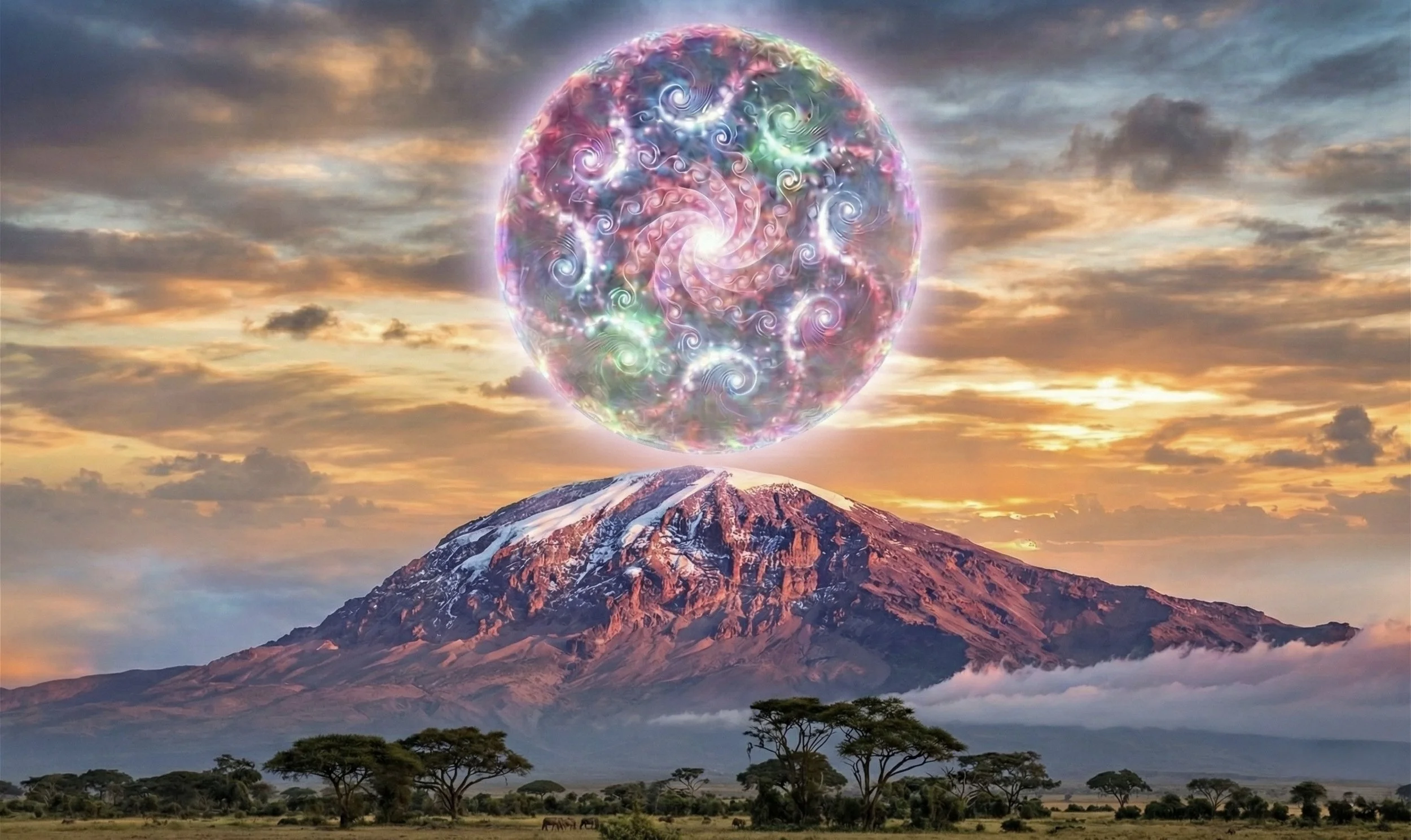 A snow-capped mountain under a colorful sky at sunset with a large, glowing, swirling, iridescent sphere above the mountain.