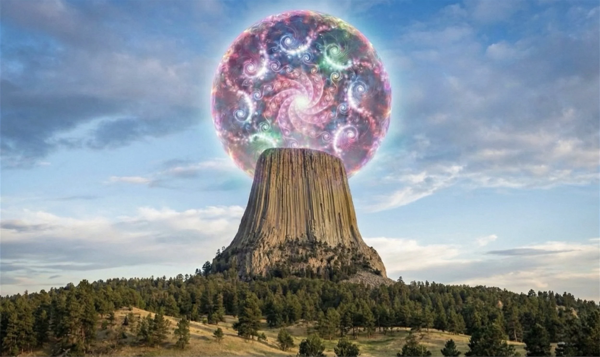 A large rock formation with a flat top and steep sides, topped with a digitally manipulated glowing swirling fractal sphere in the sky with cloudy weather.