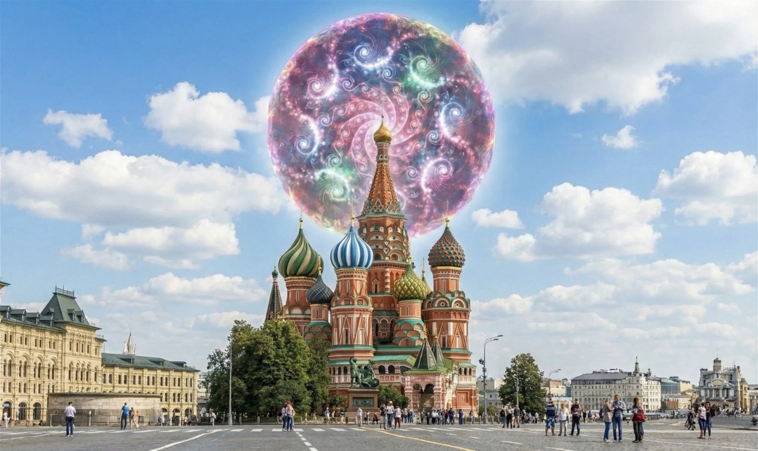 Saint Basil's Cathedral with a large, swirling, colorful, translucent sphere hovering above it in the sky, with people walking and gathering in the foreground.