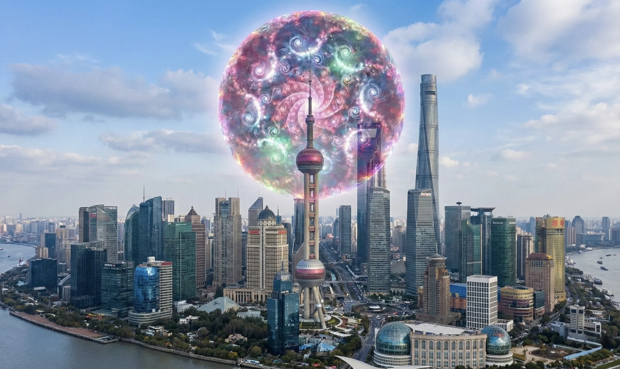 A city skyline with tall skyscrapers along a river, featuring the Oriental Pearl Tower with a digital swirl globe overlay in the sky.
