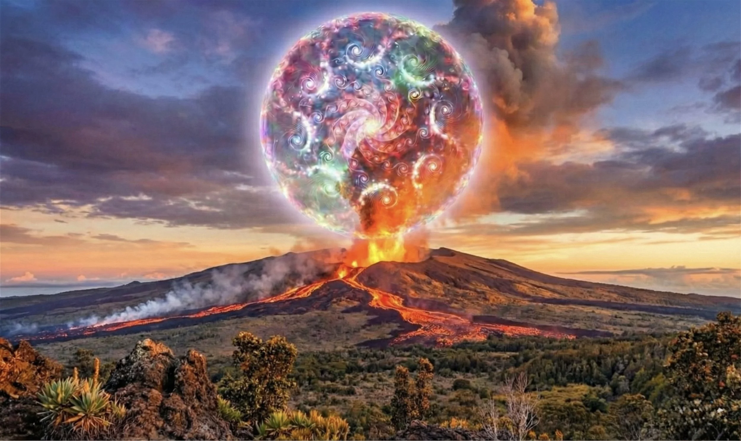 A volcanic eruption with lava flowing down the mountain, and a colorful, swirling, digital-like sphere hovering above, against a sunset sky with clouds.