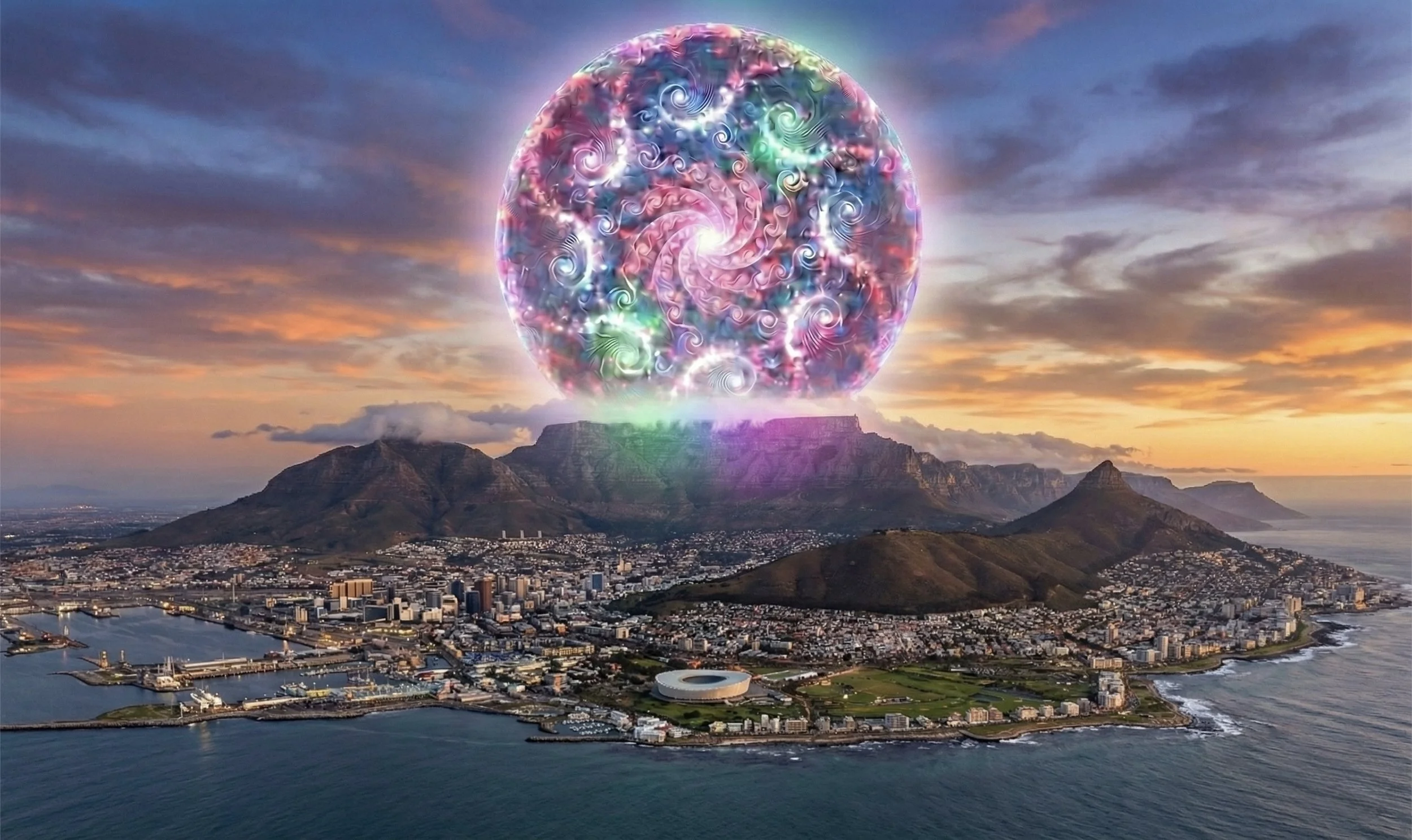 A cityscape at sunset with a mountain in the background. An artistic, colorful, swirling illuminated sphere is superimposed above the mountain.