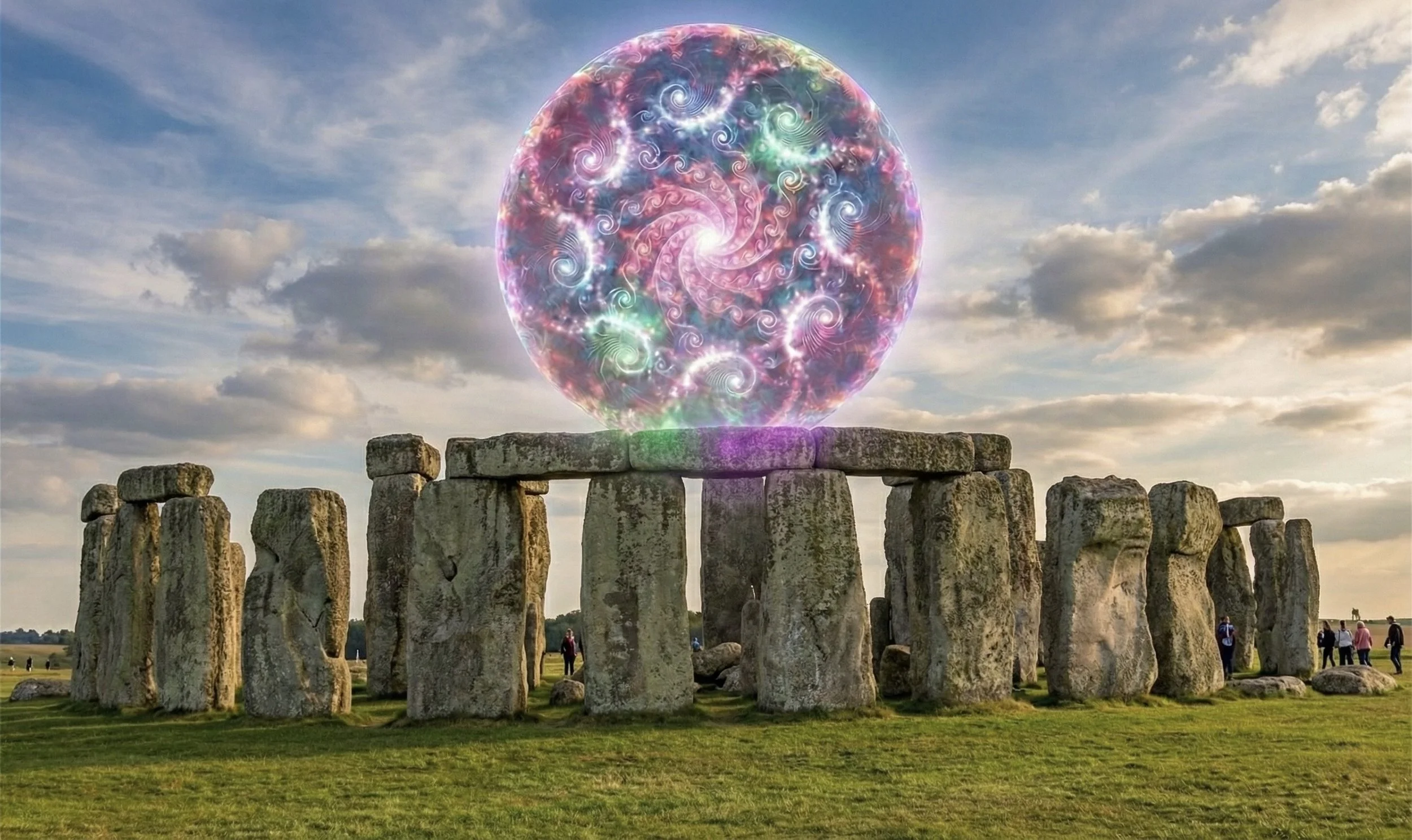 A digital, colorful spiral and swirling orb hovering above the ancient Stonehenge monument during a cloudy day.