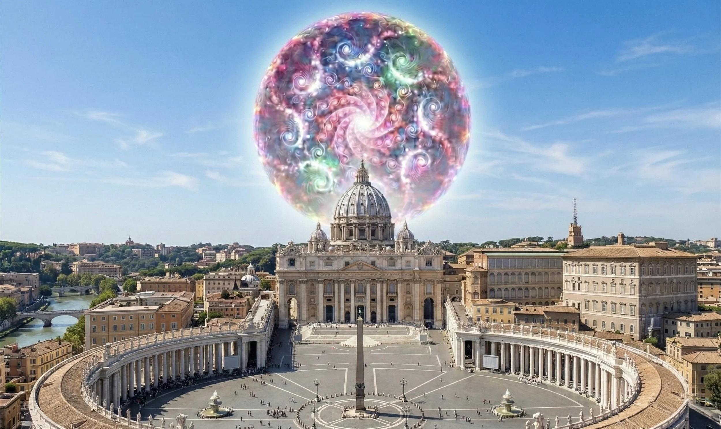 A cityscape with a historic building featuring a large dome, under a partly cloudy sky. Above the building, there is a digitally manipulated, colorful, swirling, glowing sphere.