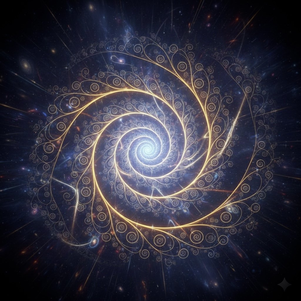 A digital artwork depicting a glowing spiral pattern with intricate swirling details set against a cosmic background of stars and galaxies.