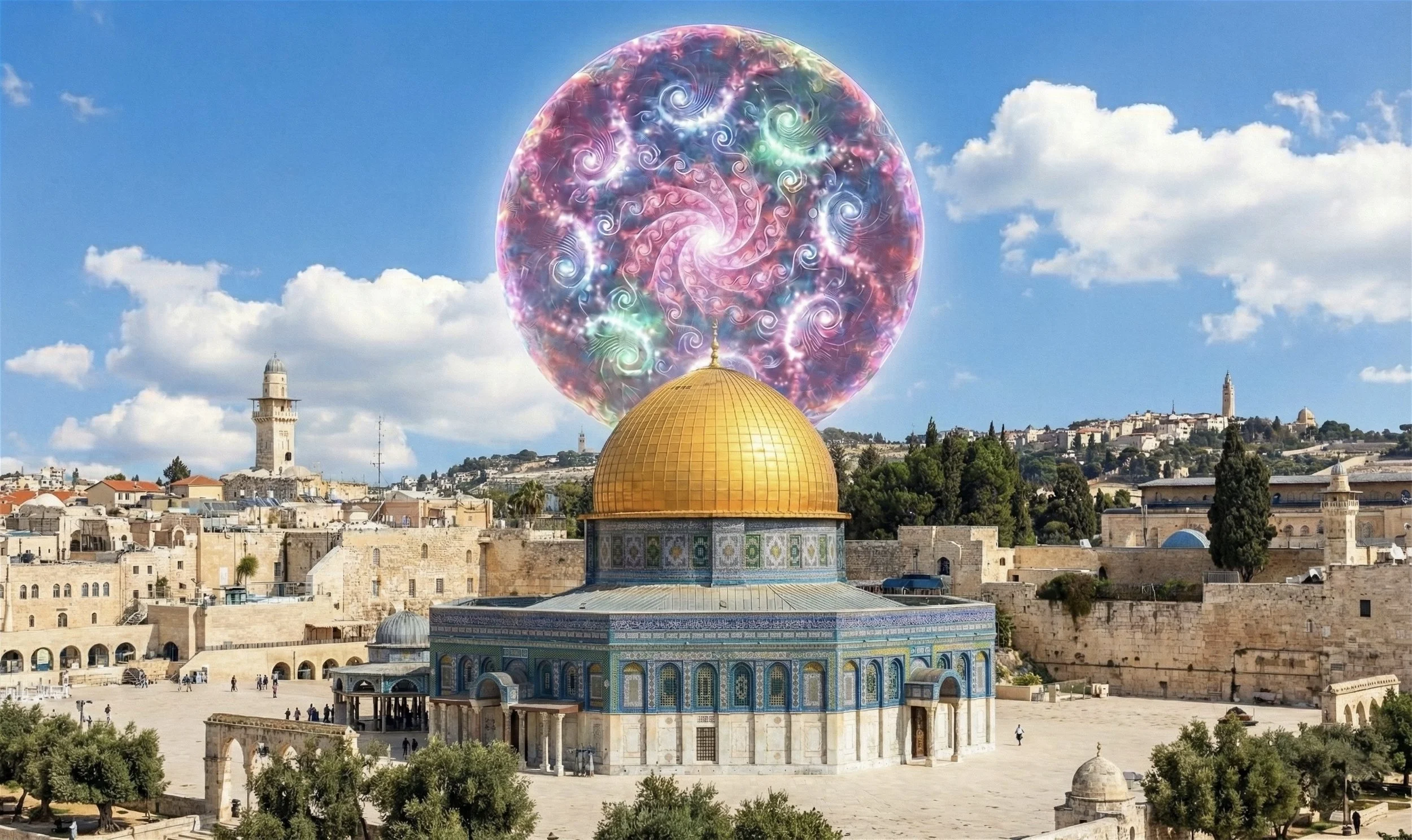 A digitally enhanced image of the Dome of the Rock in Jerusalem with a large, colorful, swirling, spiral-patterned orb floating above the dome against a bright blue sky with scattered clouds.