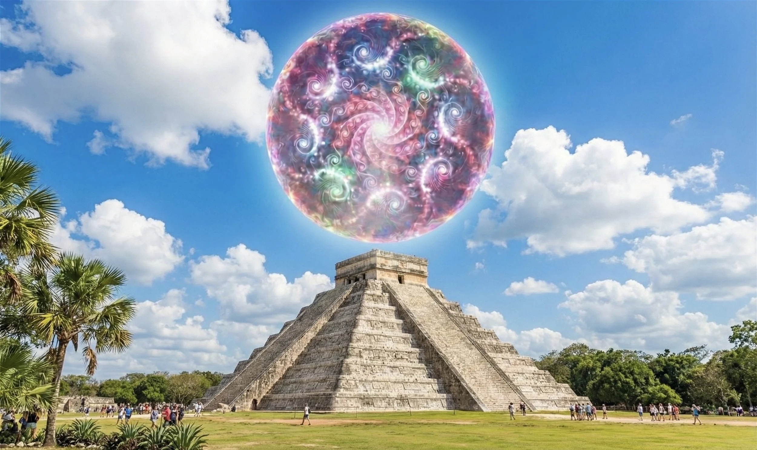 A large Mayan pyramid at Chichen Itza with a colorful, swirling, semi-transparent globe floating above it in a bright blue sky with scattered clouds. There are tourists walking around the pyramid, and green trees and palm trees surrounding the scene.
