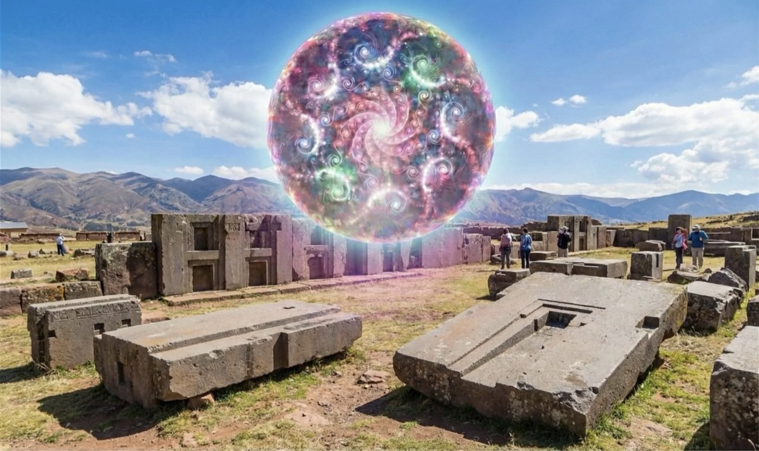 Ancient ruins with several stone structures and carvings in an open field, with mountains and a blue sky with clouds in the background, and a superimposed colorful, swirling, spiral-shaped cosmic graphic.