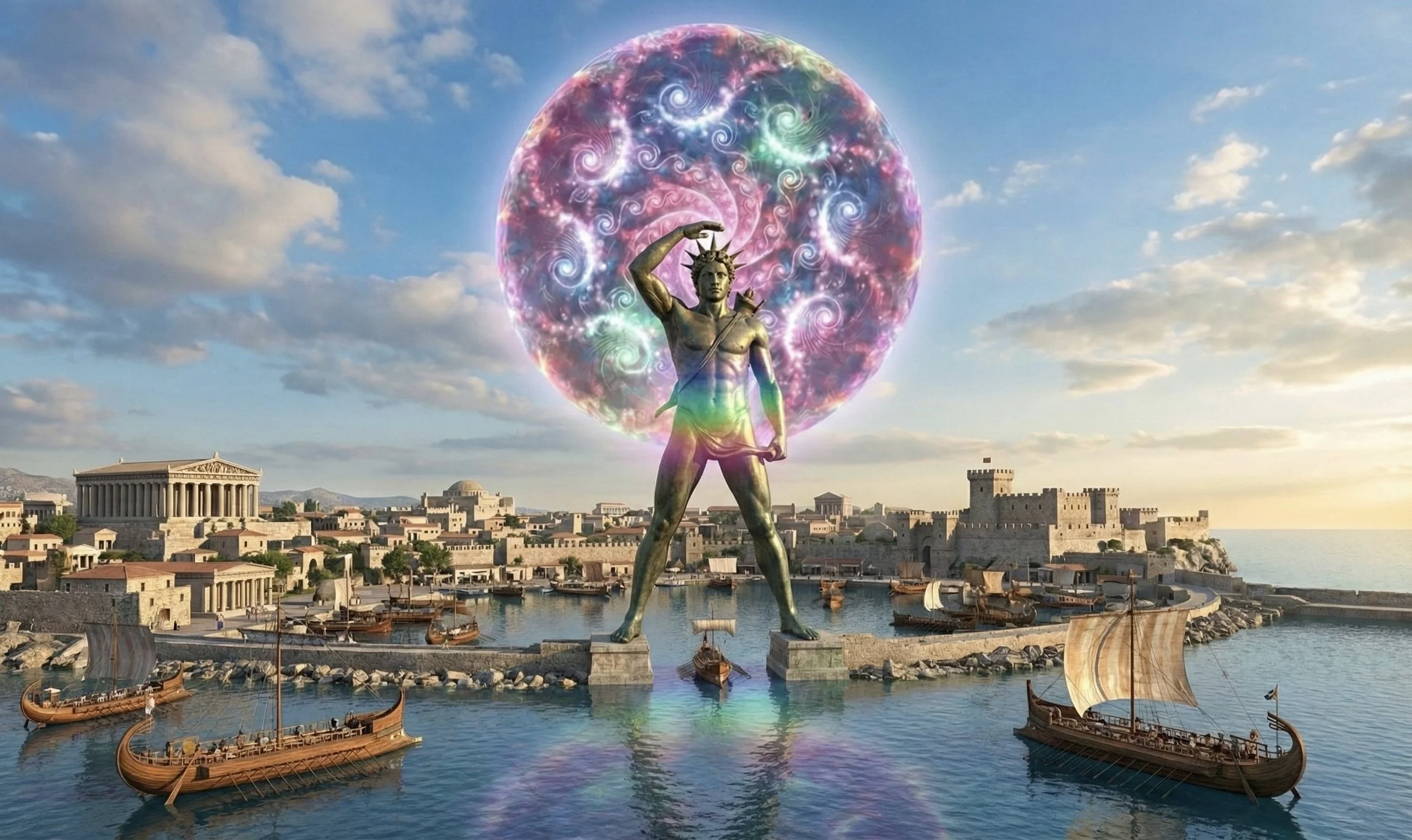 A large statue of a man with a crown of thorns, holding what appears to be a sword, standing in a harbor with boats. Behind the statue, a giant, glowing, multicolored sphere with swirling patterns floats in the sky above a historic cityscape with cla