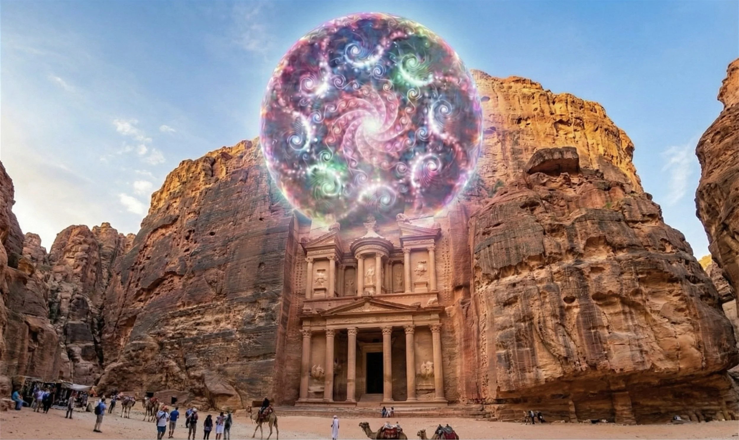 The ancient city of Petra in Jordan, featuring the Treasury building carved into the pink sandstone cliff, with a colorful, swirling, cosmic-like orb floating above it and tourists exploring the area.