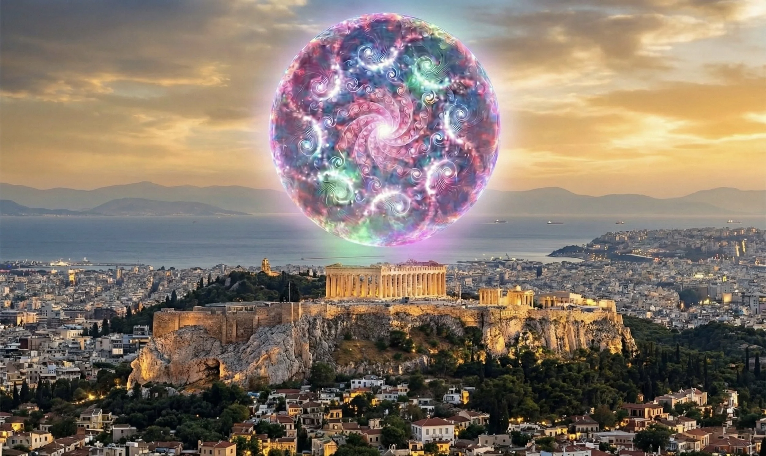 Digital illustration of a large, glowing, colorful sphere with swirling patterns, floating above the ancient Parthenon temple on the Acropolis in Athens, Greece, during sunset.
