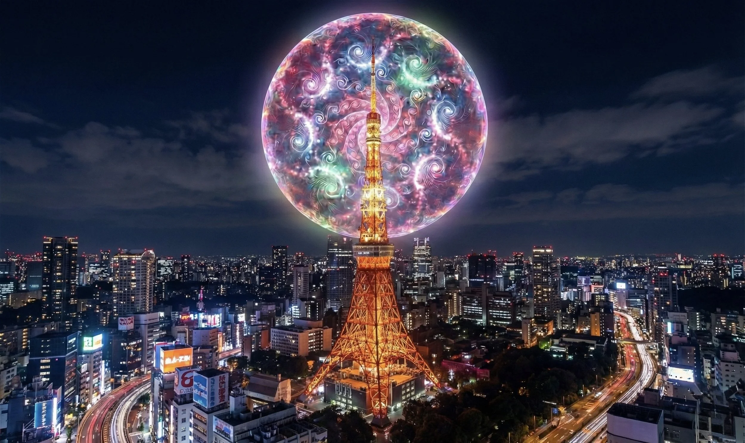 Nighttime cityscape featuring Tokyo Tower illuminated in orange with a colorful, swirling, glowing sphere around the top of the tower, creating a glowing effect against the dark sky above city buildings.