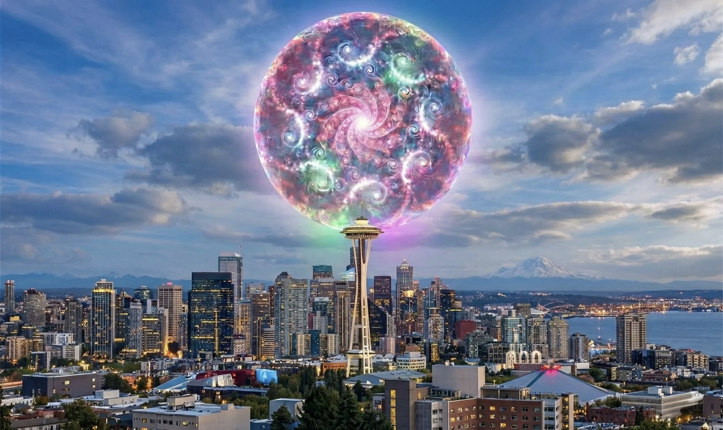 The Seattle skyline with the Space Needle and Mount Rainier in the background, featuring a large, colorful, swirling, abstract sphere floating above the city.