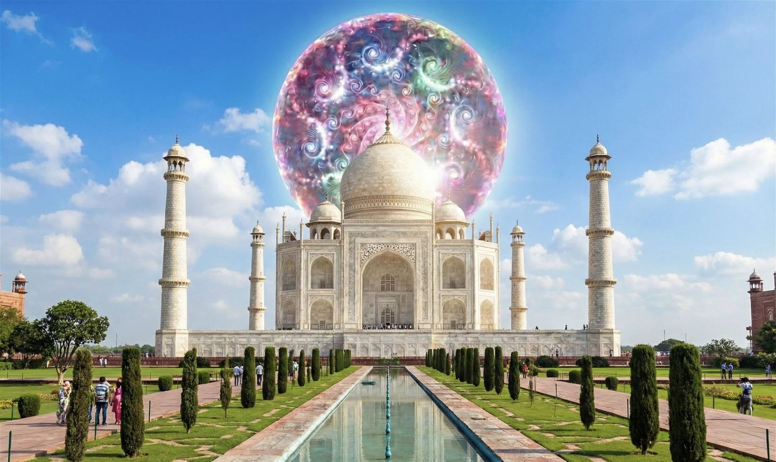 The Taj Mahal with a colorful swirling cosmic pattern in the sky behind it, under a blue sky with some scattered clouds. The foreground shows a walkway with people and a reflecting pool.
