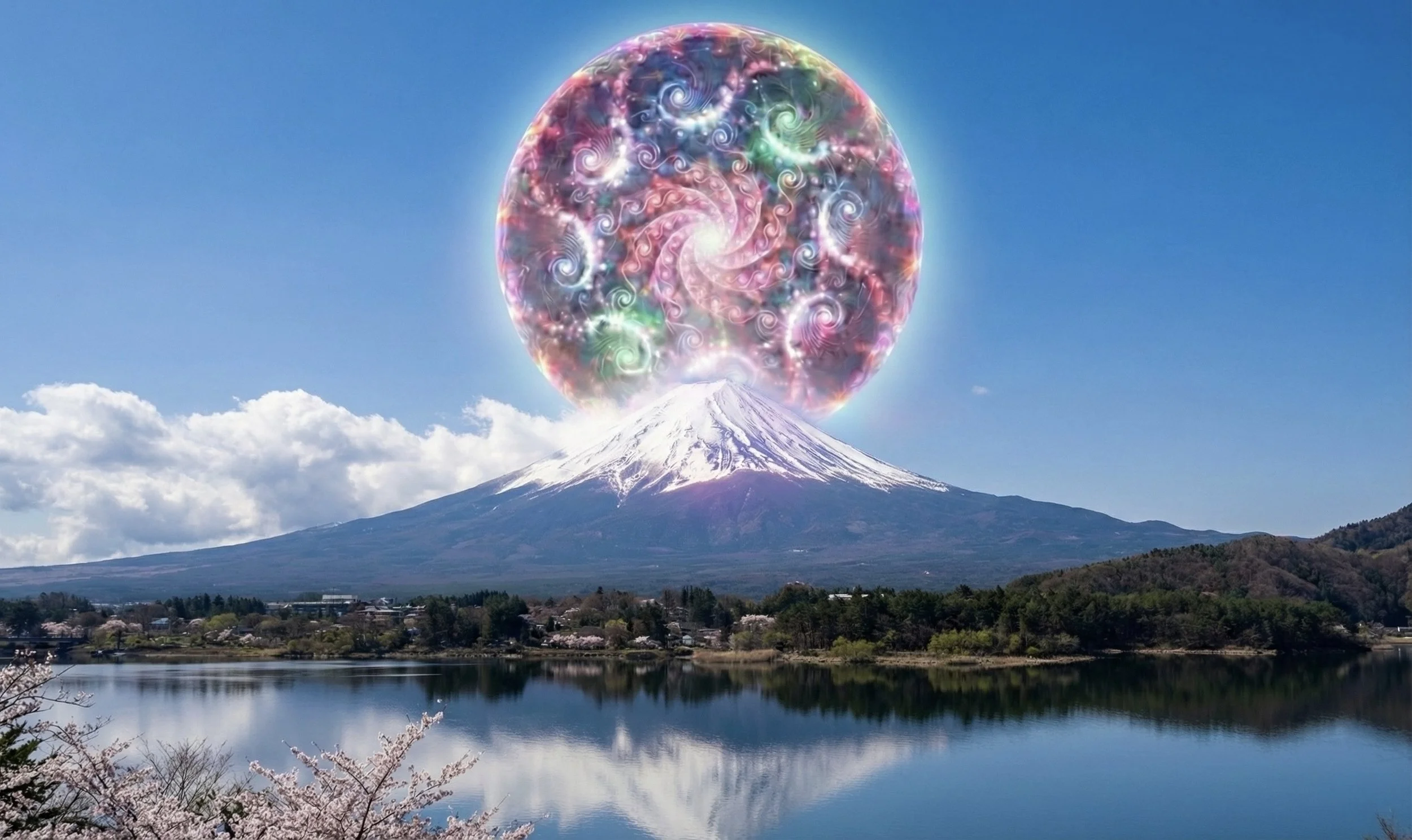 A snow-capped mountain in the background with a colorful, spiral-patterned, glowing orb hovering just above the peak. The scene includes a body of water reflecting the mountain and sky, with trees and a small town in the foreground.