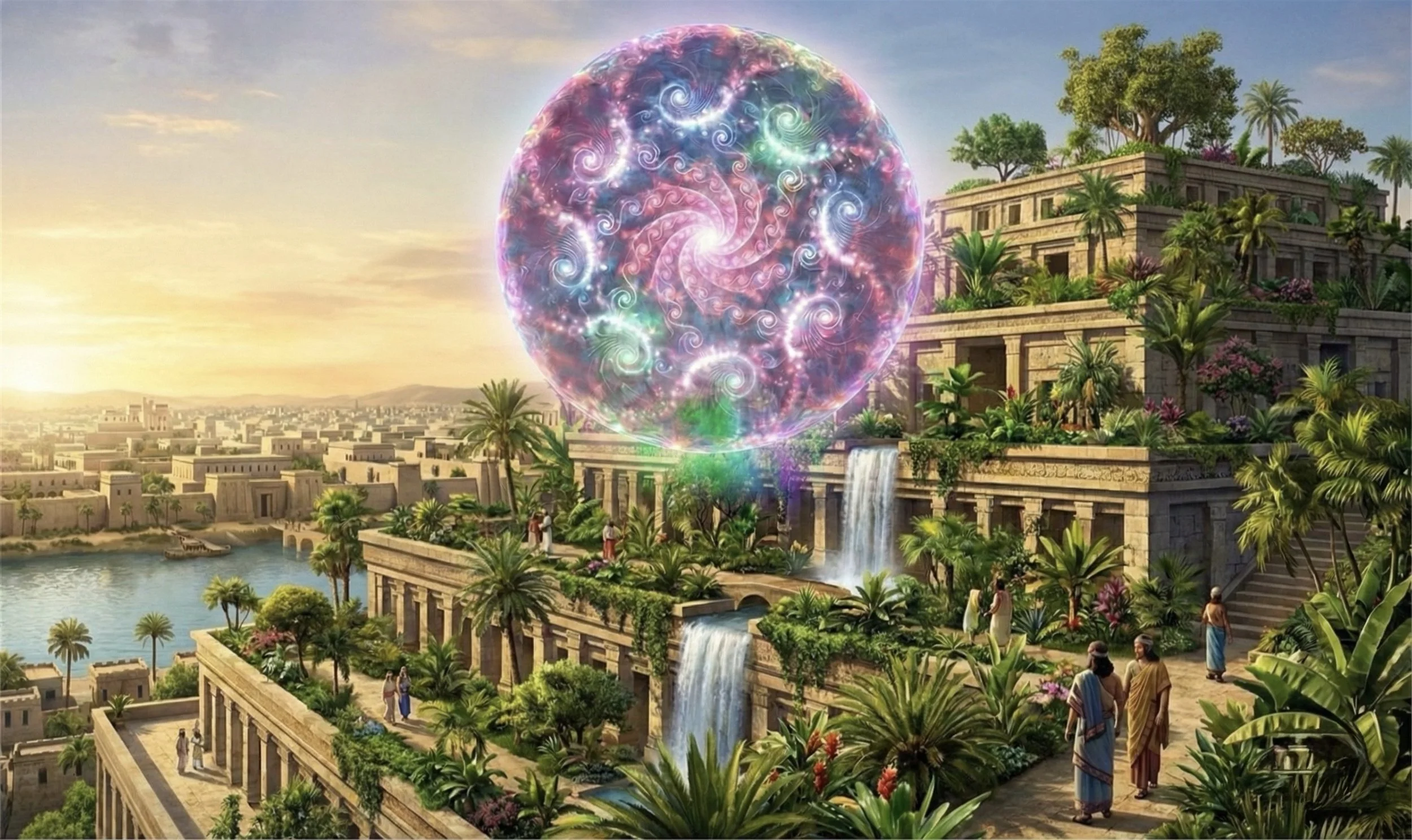 A digitally manipulated image of an ancient city with lush greenery and waterfalls, featuring a large, glowing, spiral-patterned orb floating above the structure, with people walking and observing the scene at sunset.