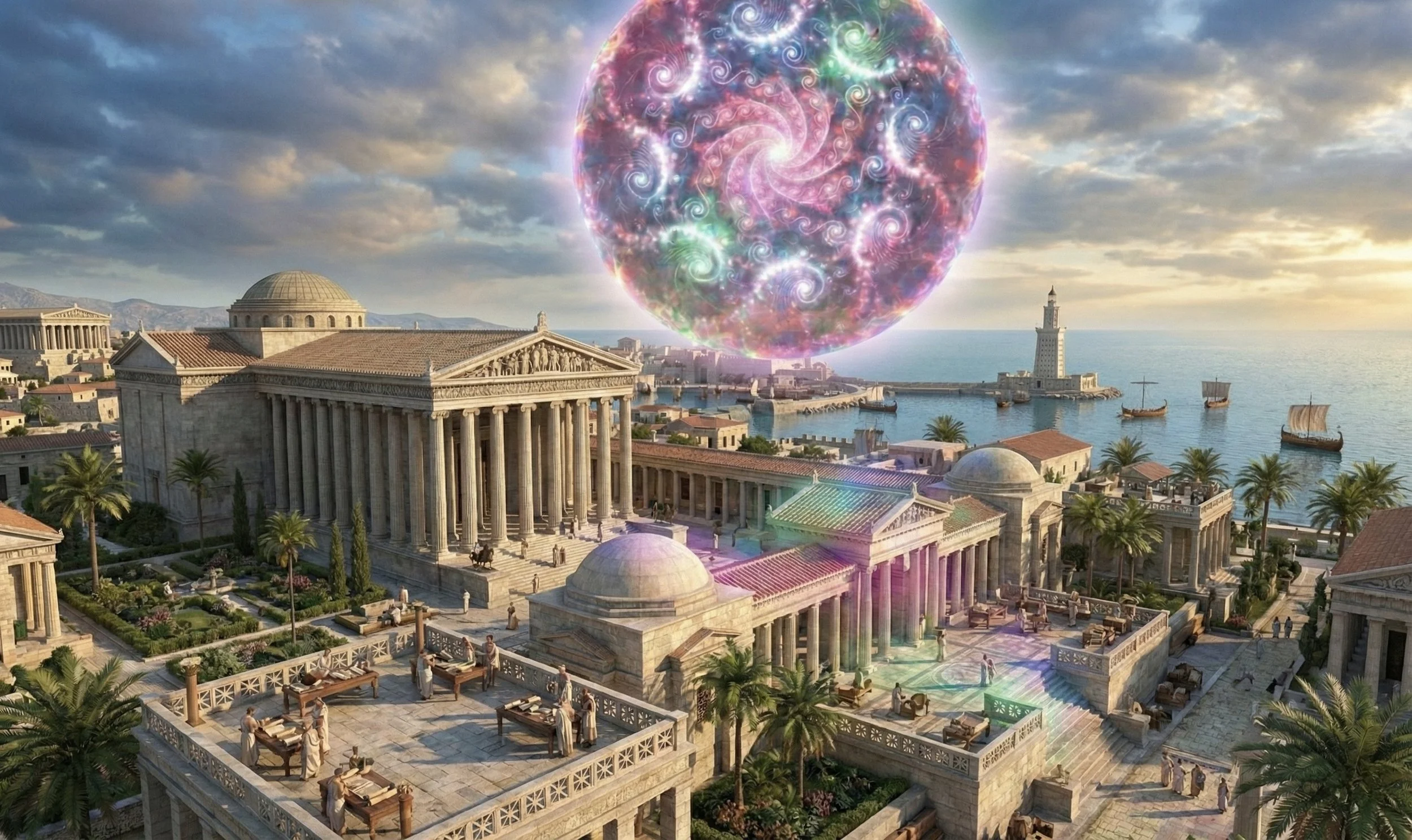 Ancient Greek-inspired cityscape with classical buildings, columns, and statues by the water, overlaid with a large, colorful, swirling digital sphere in a cloudy sky.