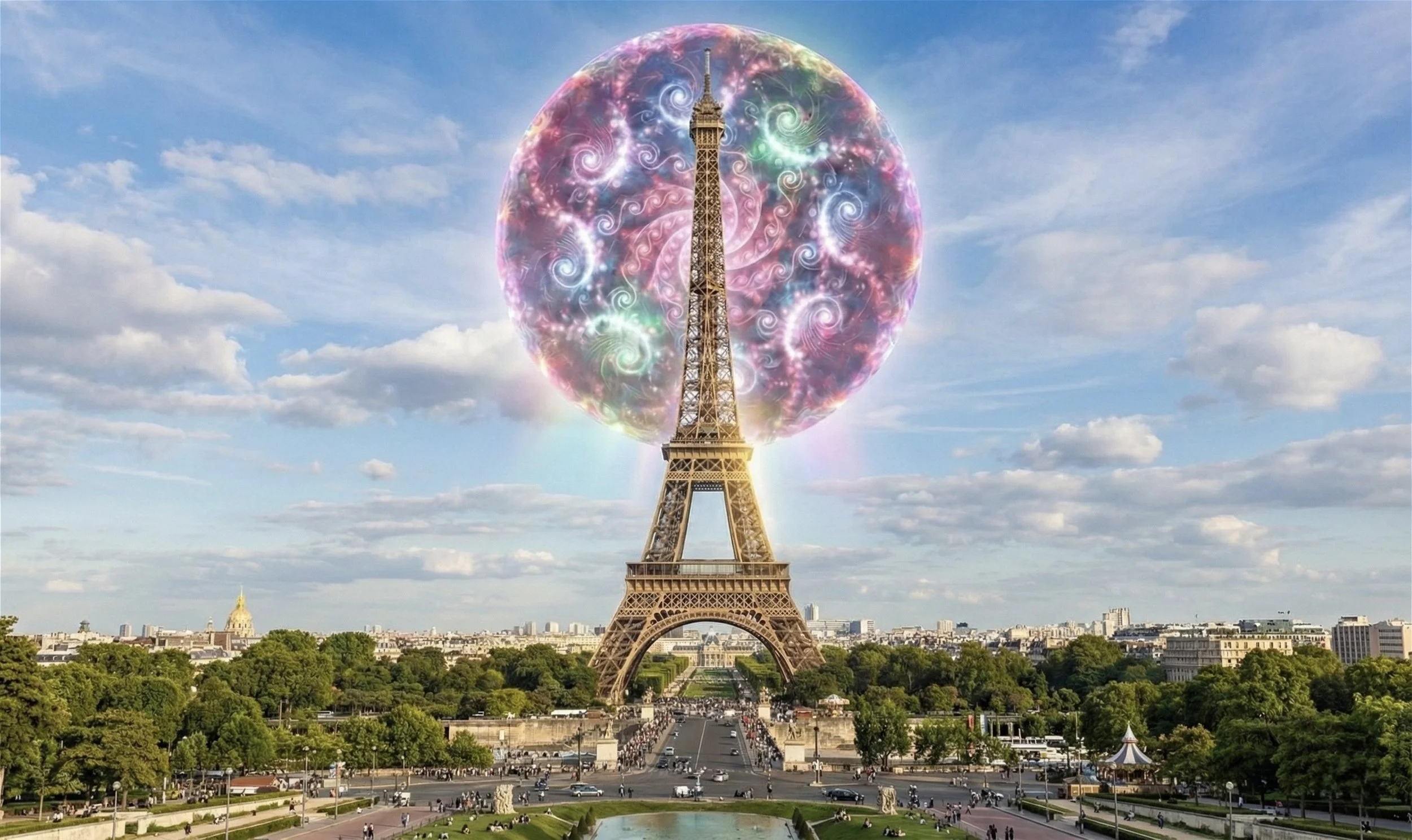 Eiffel Tower in Paris with a large, colorful, swirling, glowing sphere around the tower's top, set against a partly cloudy sky, with the Trocadéro Gardens and the city extending into the distance.