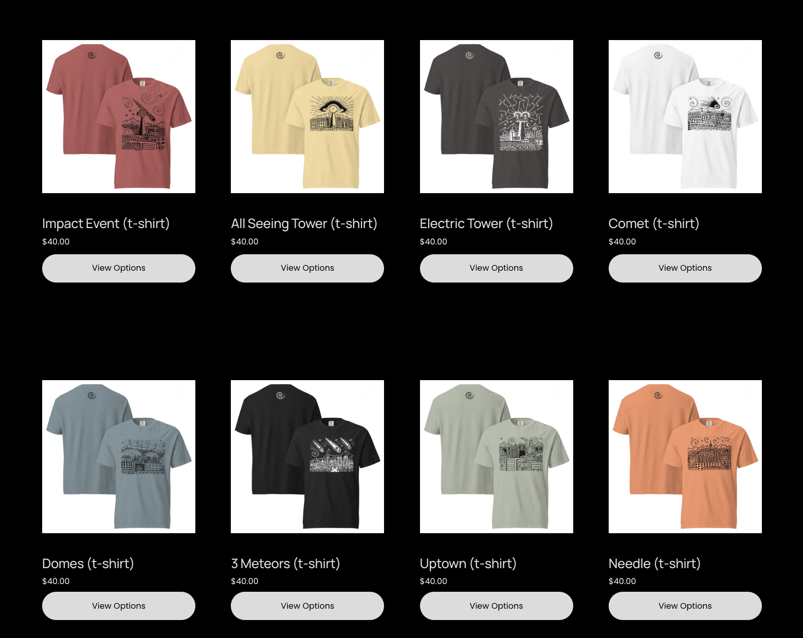 Display of eight different colored T-shirts with various graphic designs and names, each priced at $40, with 'View Options' buttons below.