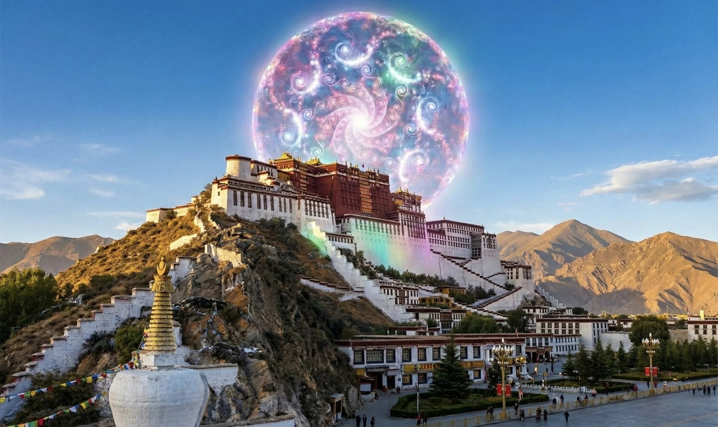 A hillside monastery in Tibet with white and red walls, set against mountains and a clear sky. A spiral galaxy image is superimposed above the monastery, giving a mystical or cosmic appearance.