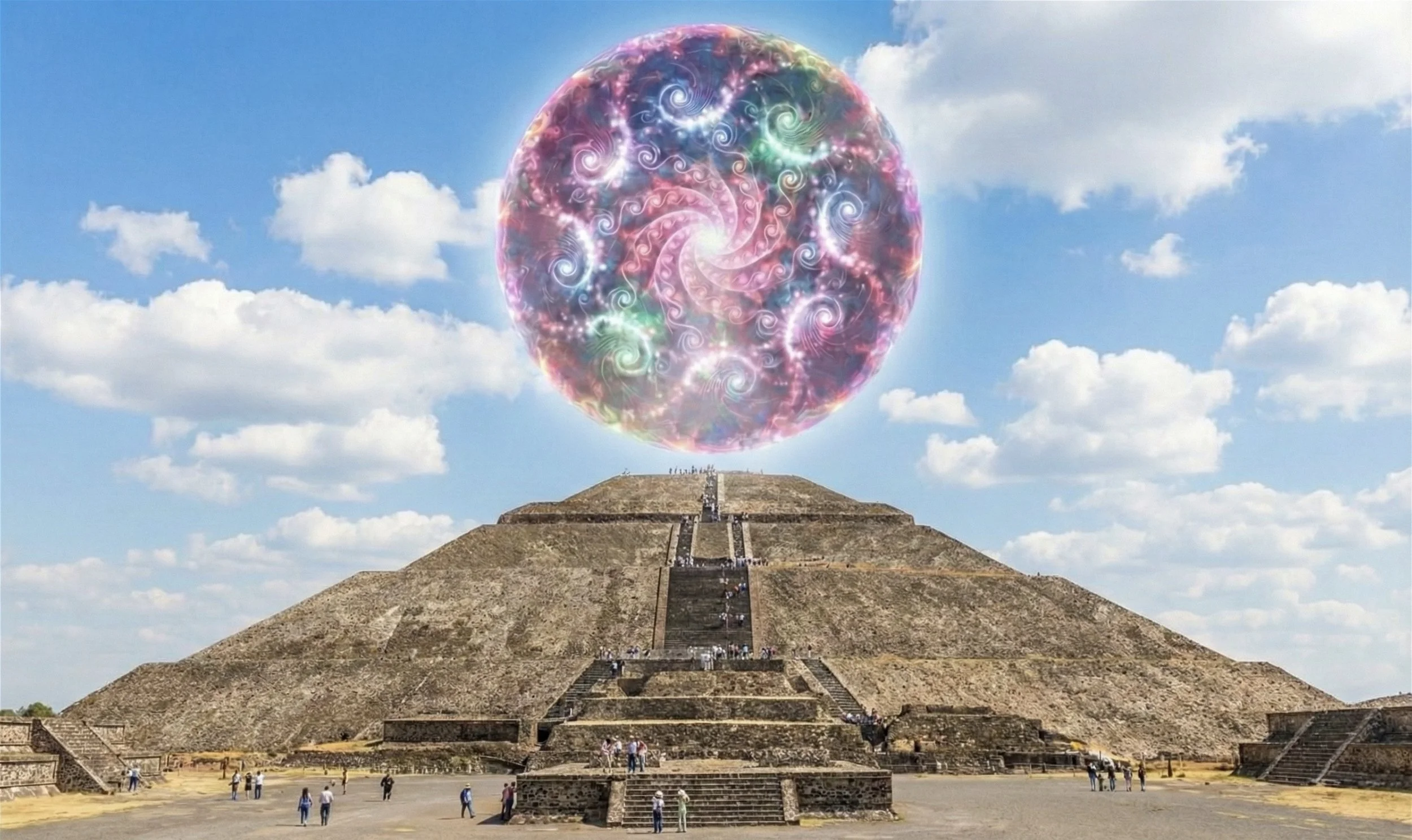 A large pyramid in ruins with people walking around it. A colorful, swirling, glowing orb floats above the pyramid in the sky.