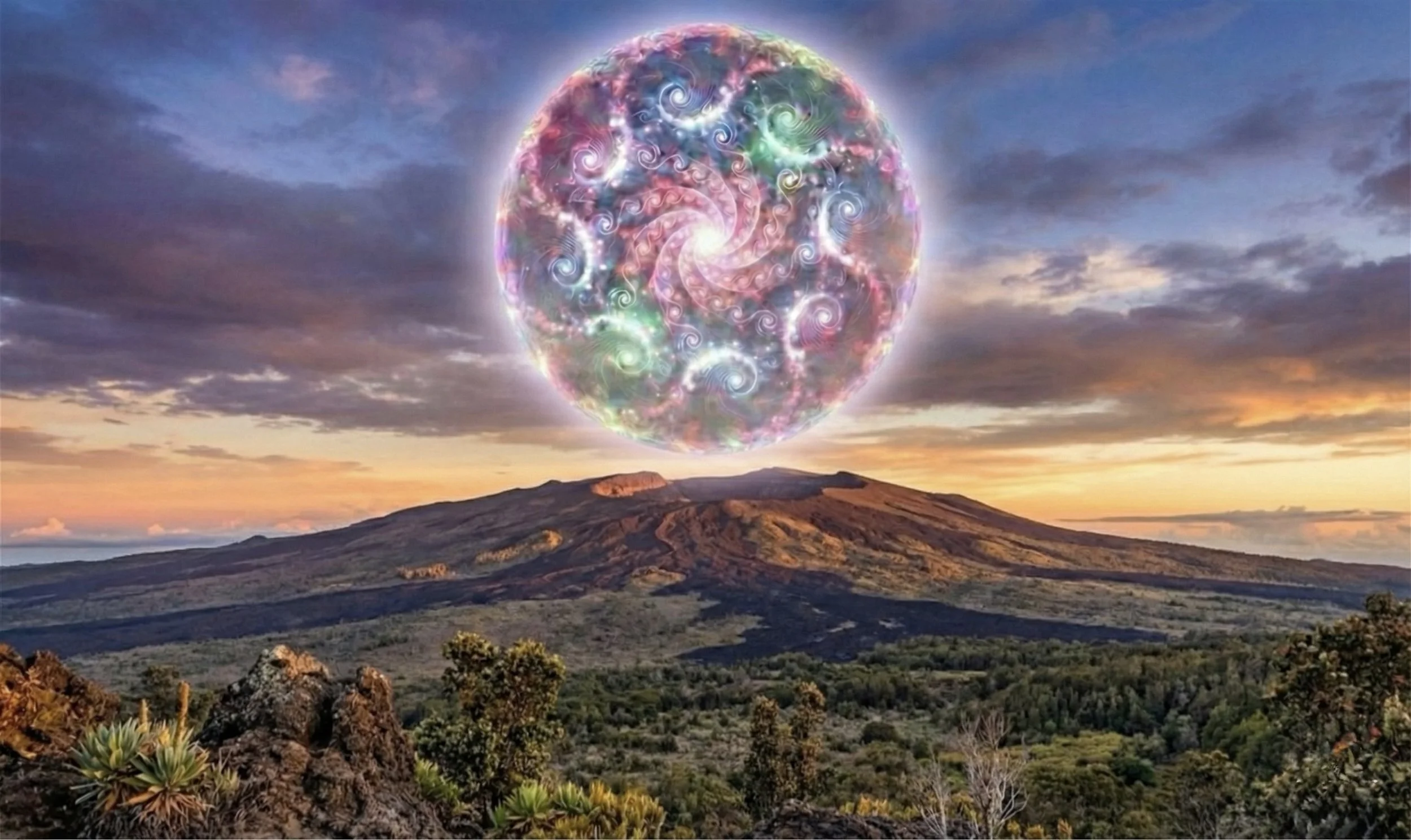 A landscape view of a hill at sunset with a large, glowing, colorful, swirling, spiral orb in the sky above the hill.