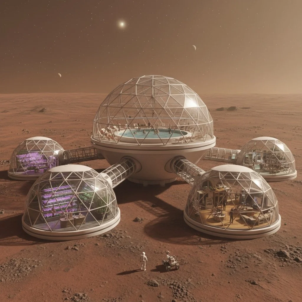 Futuristic space habitat on Mars with multiple transparent domes connected by tunnels, a person and robot outside, and planets and moons in the sky.